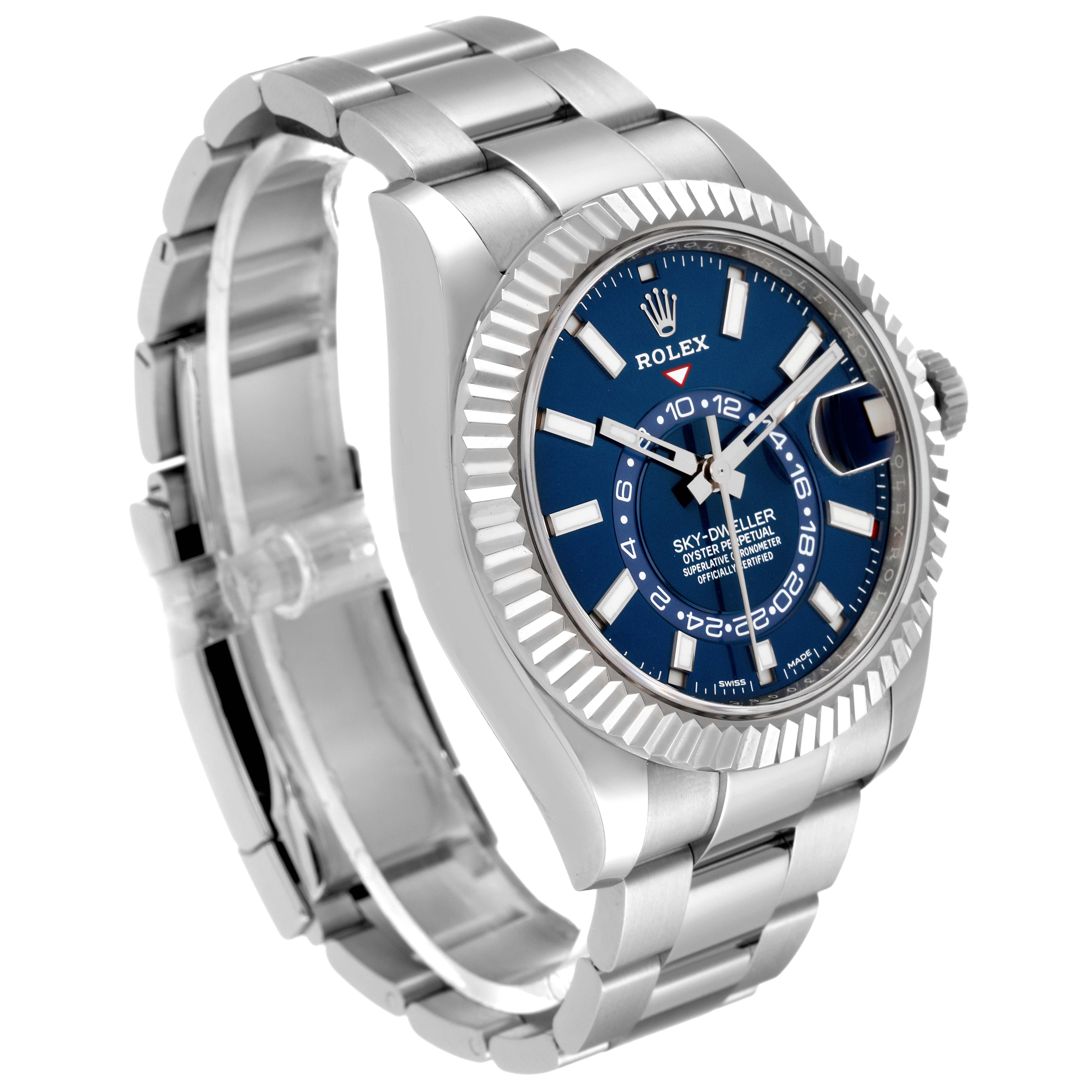 The image shows a Rolex Sky-Dweller 326934 Men's Stainless Steel Blue Dial 326934 Men's Stainless Steel Blue Dial watch from a left-side angle, featuring its bracelet, case, and blue dial.