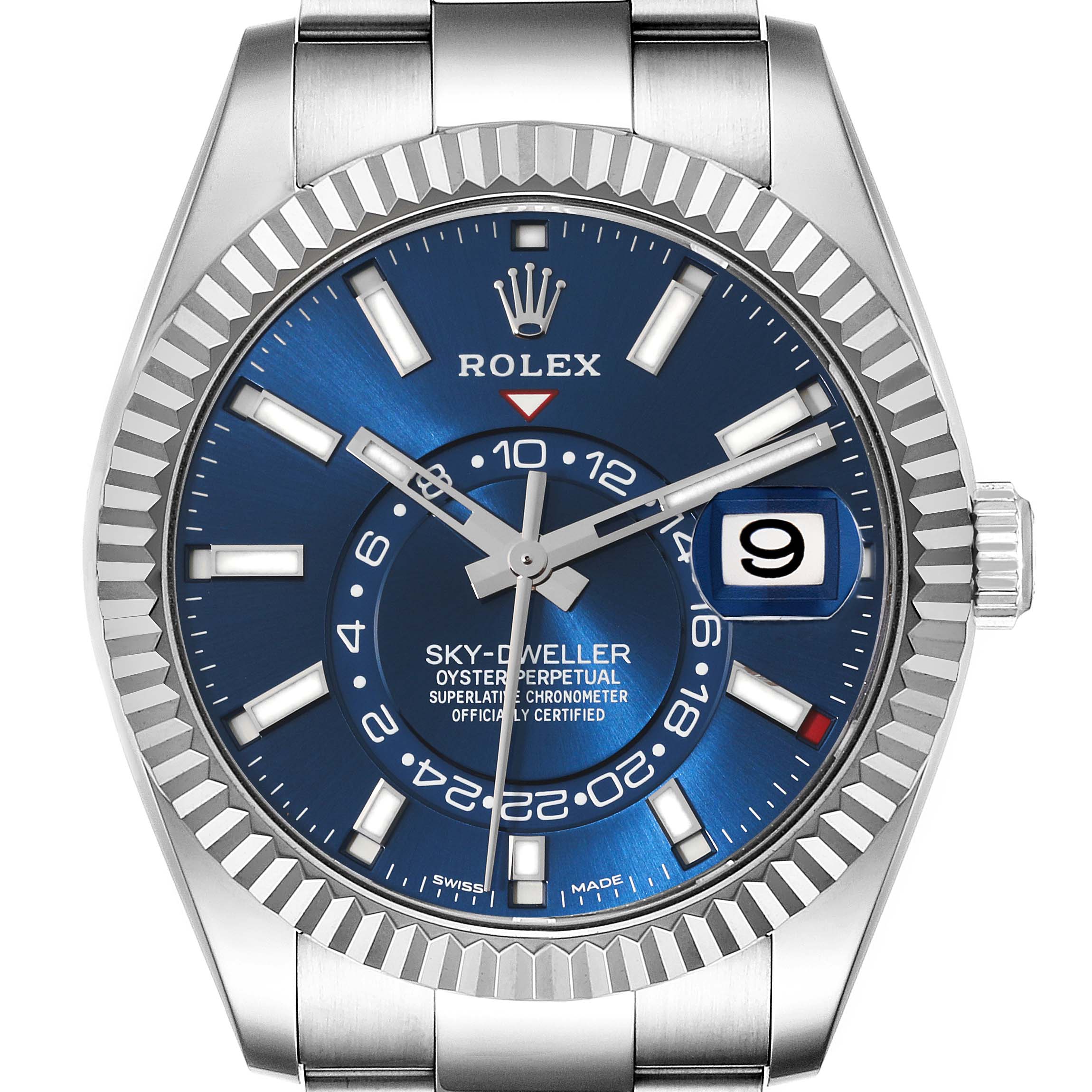 The image shows a front view of a Rolex Sky-Dweller 326934 Men's Stainless Steel Blue Dial 326934 Men's Stainless Steel Blue Dial watch, displaying the dial, bezel, and part of the bracelet.