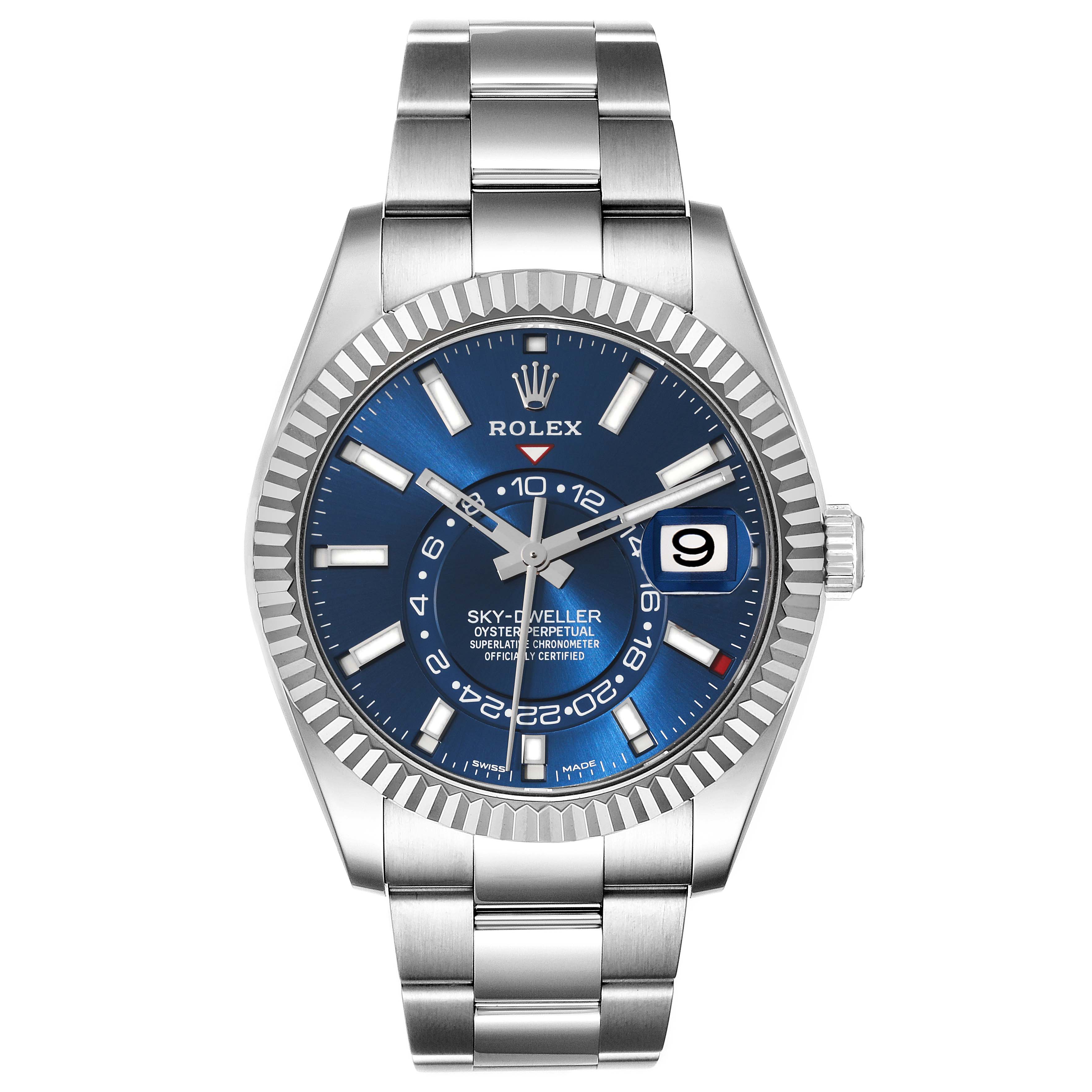 The image shows a frontal view of the Rolex Sky-Dweller 326934 Men's Stainless Steel Blue Dial 326934 Men's Stainless Steel Blue Dial watch, showcasing its blue dial, date display, and stainless steel bracelet.