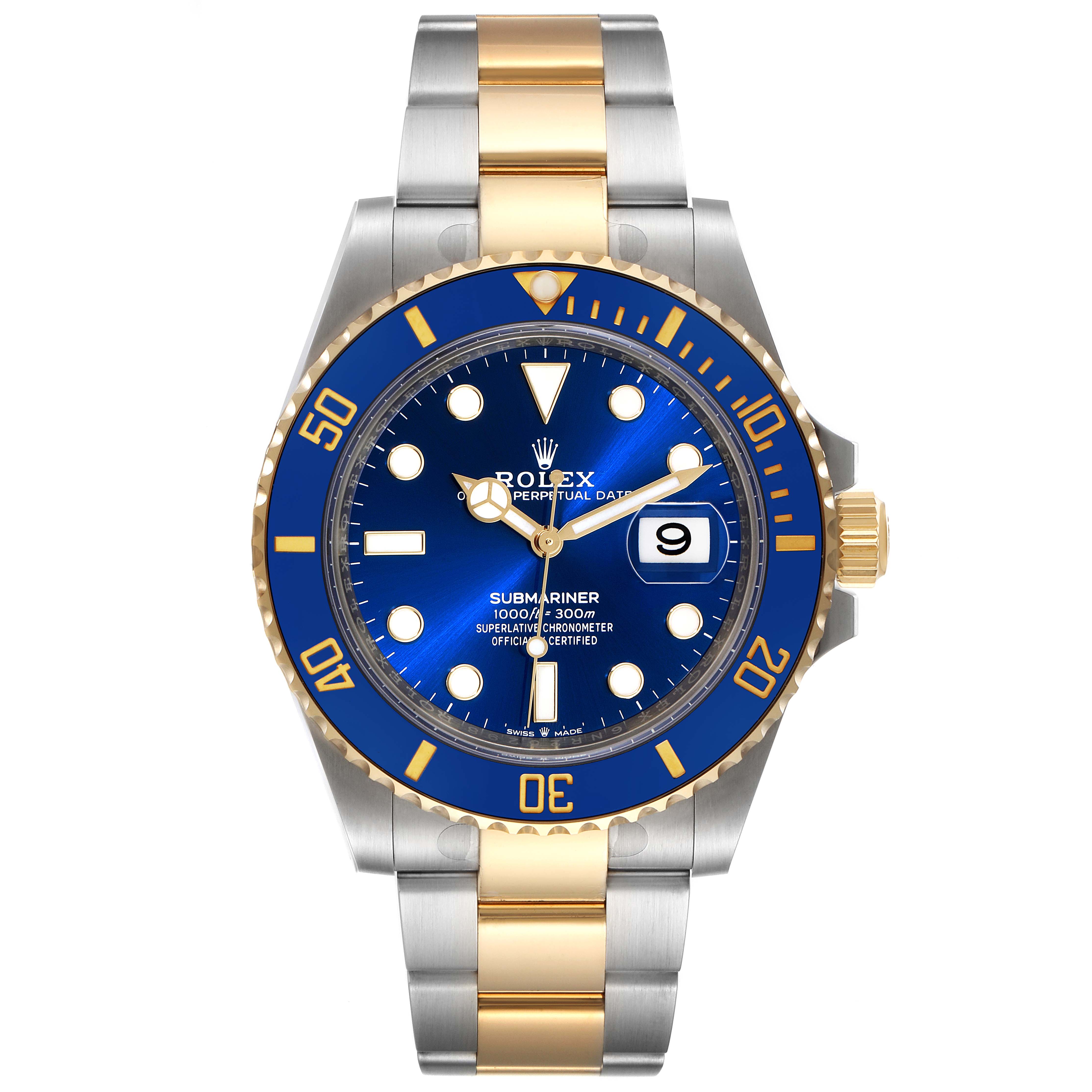 The image shows a Rolex Submariner 126613 Men
s Steel and Gold (two tone) Blue Dial 126613 Men
s Steel and Gold (two tone) Blue Dial watch with a blue dial, gold and silver bracelet, and a date display at 3 o
clock.
