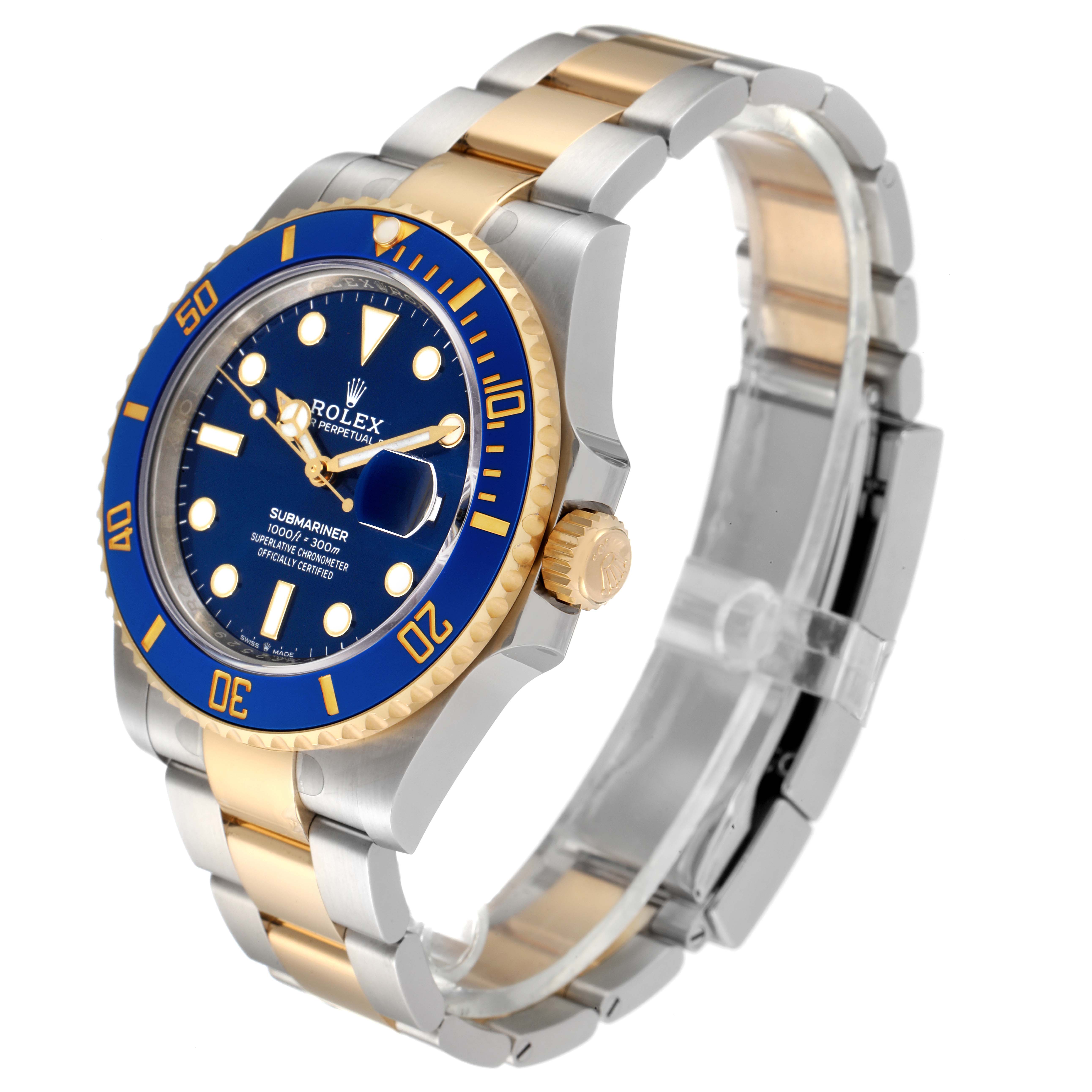 This image shows a Rolex Submariner 126613 Men
s Steel and Gold (two tone) Blue Dial 126613 Men
s Steel and Gold (two tone) Blue Dial watch at a three-quarter angle, highlighting the bezel, crown, dial, and band.