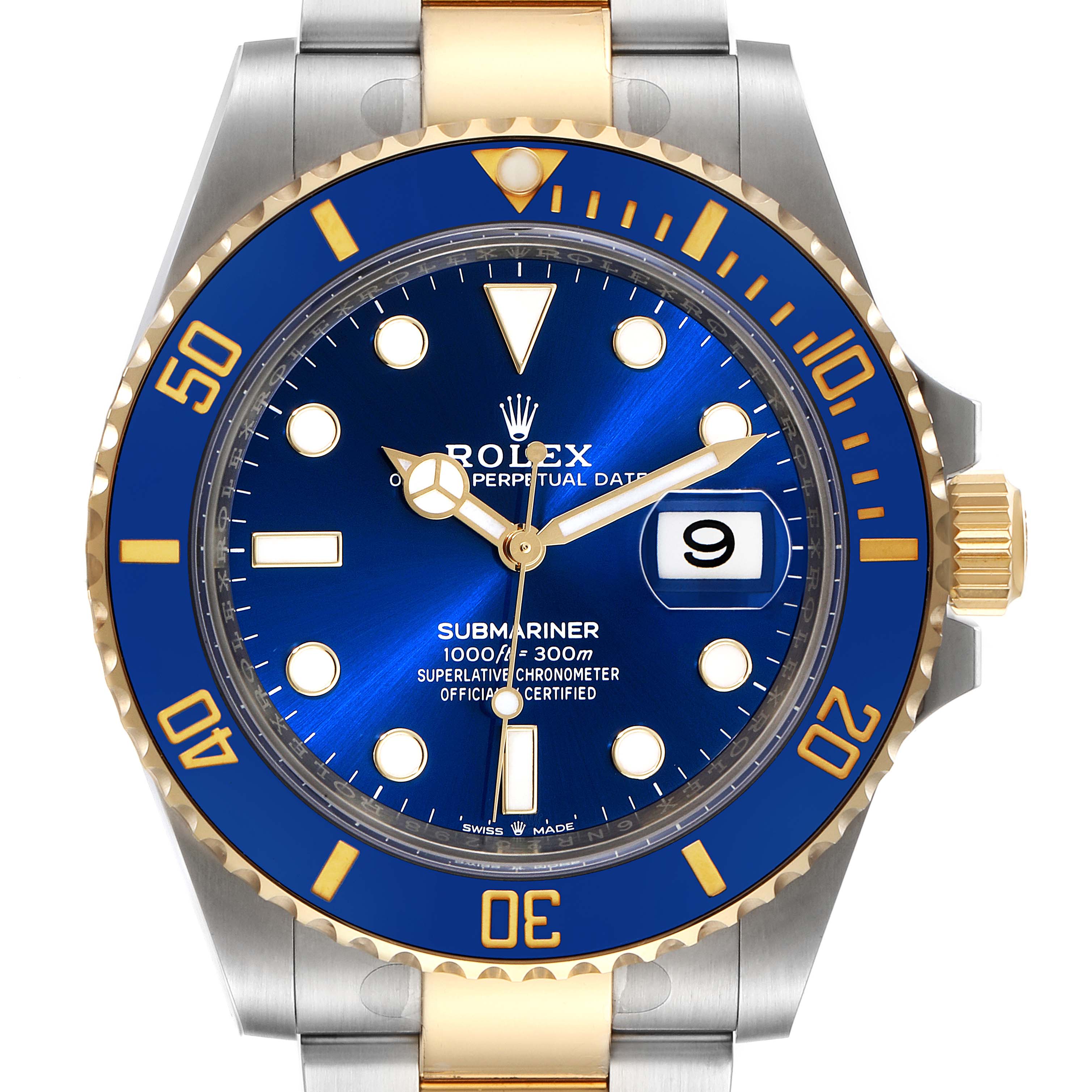 The image shows a front view of the Rolex Submariner 126613 Men
s Steel and Gold (two tone) Blue Dial 126613 Men
s Steel and Gold (two tone) Blue Dial watch, highlighting its blue dial, gold markers, and date feature.
