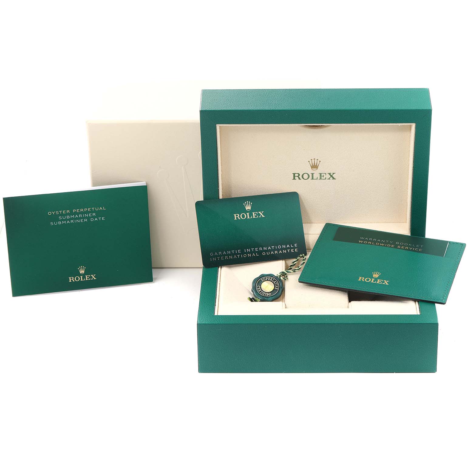 This image shows the packaging and accessories for a Rolex Submariner 126613 Men
s Steel and Gold (two tone) Blue Dial 126613 Men
s Steel and Gold (two tone) Blue Dial watch, including the box, manuals, and guarantee cards.