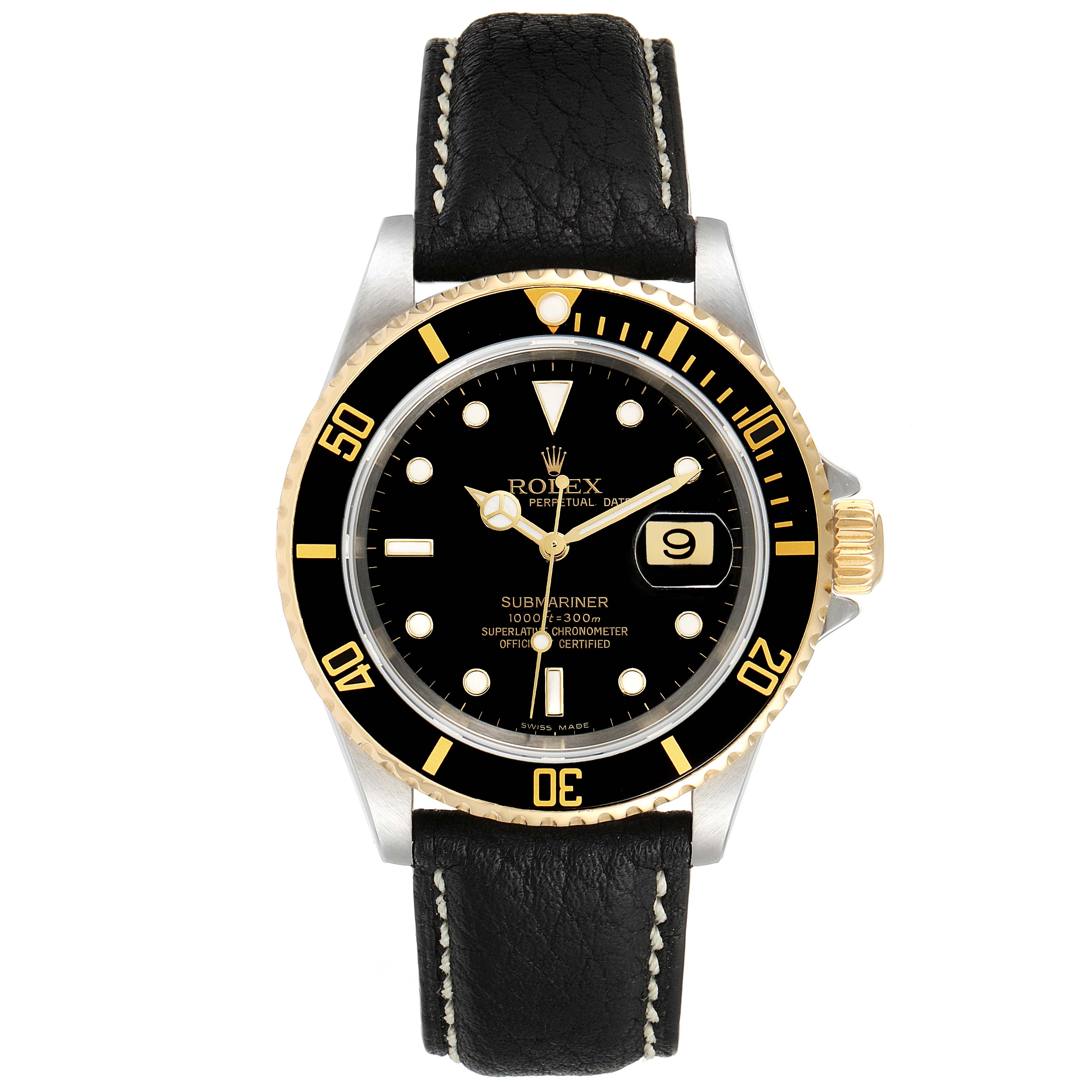 The image shows a frontal view of a Rolex Submariner 16613 Men's Steel and Gold (two tone) Black Dial 16613 Men's Steel and Gold (two tone) Black Dial watch, displaying the black dial, bezel, and leather strap.