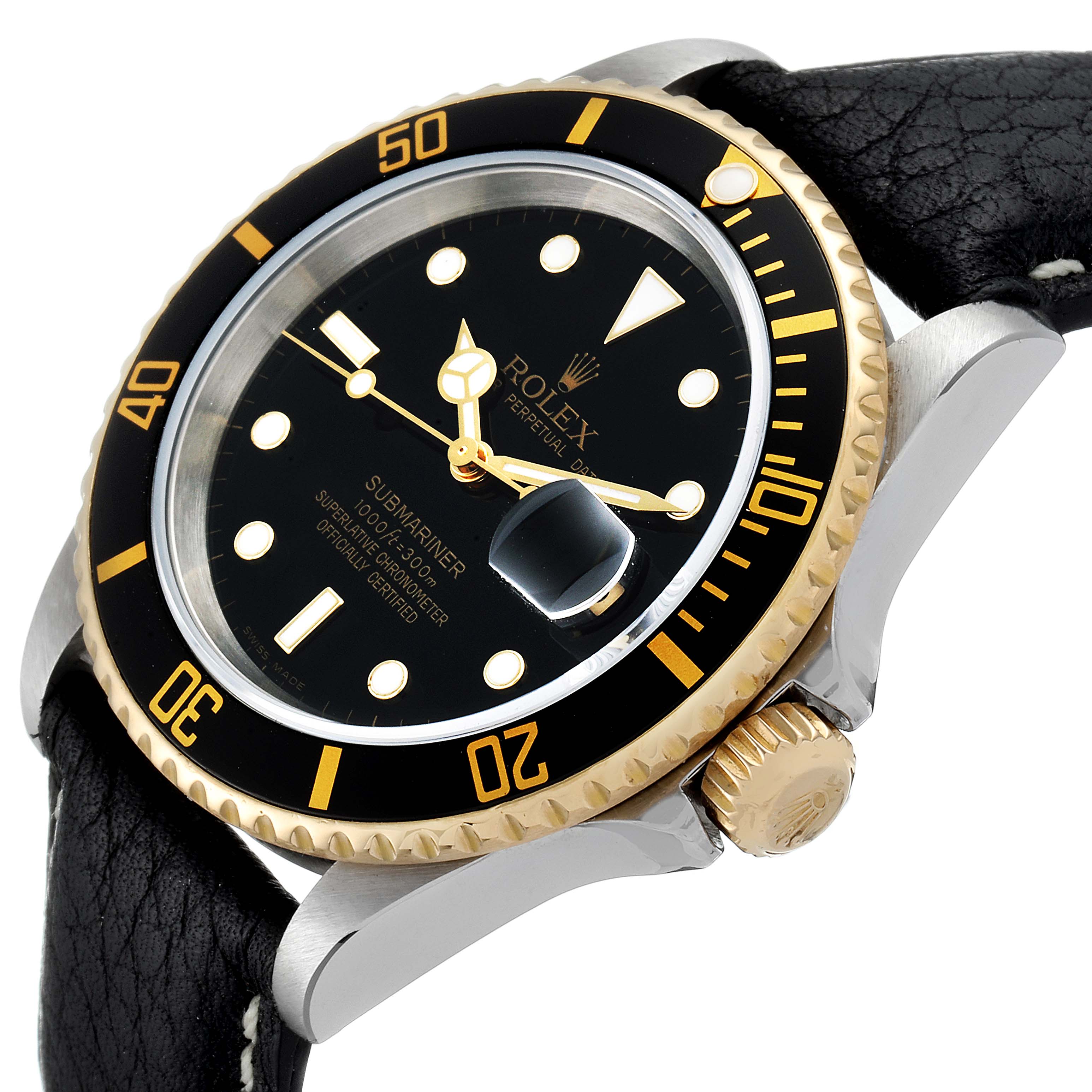 The Rolex Submariner 16613 Men's Steel and Gold (two tone) Black Dial 16613 Men's Steel and Gold (two tone) Black Dial watch is shown at an angled side view, highlighting the bezel, dial, and crown.