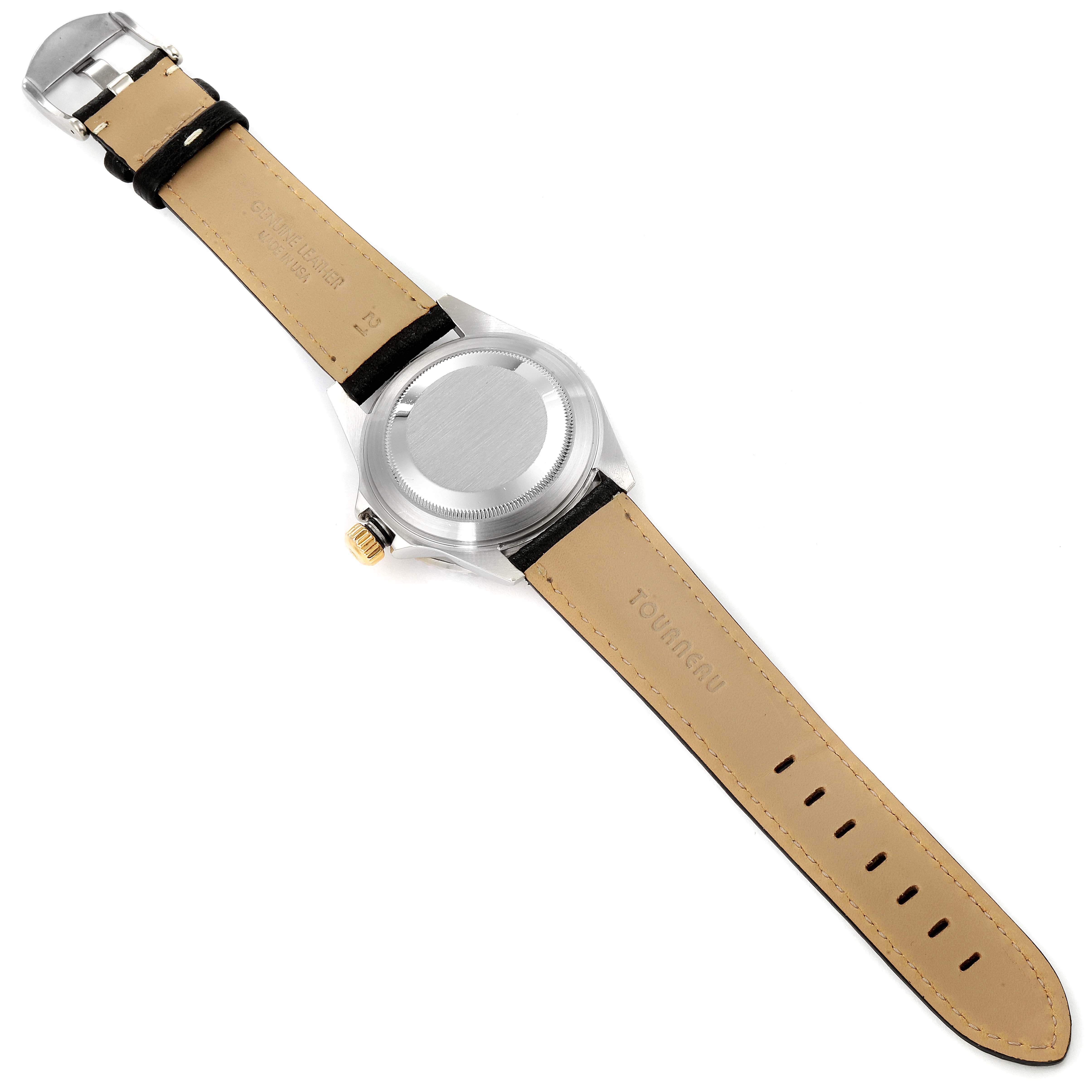 The image shows the back view of a Rolex Submariner 16613 Men's Steel and Gold (two tone) Black Dial 16613 Men's Steel and Gold (two tone) Black Dial watch, focusing on the case back and leather strap.