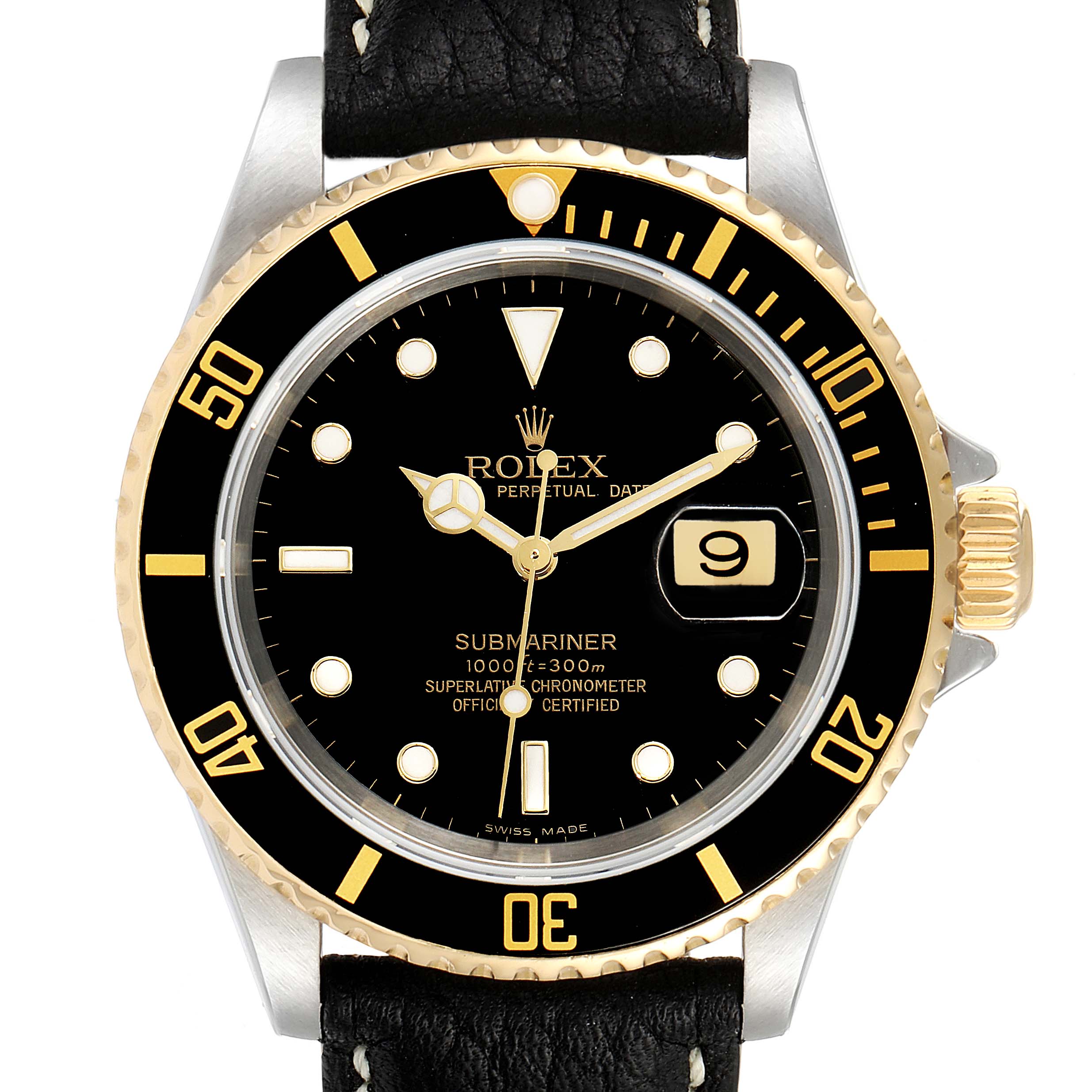 This is a close-up view from the front of a Rolex Submariner 16613 Men's Steel and Gold (two tone) Black Dial 16613 Men's Steel and Gold (two tone) Black Dial watch, showing the dial, bezel, crown, and part of the strap.