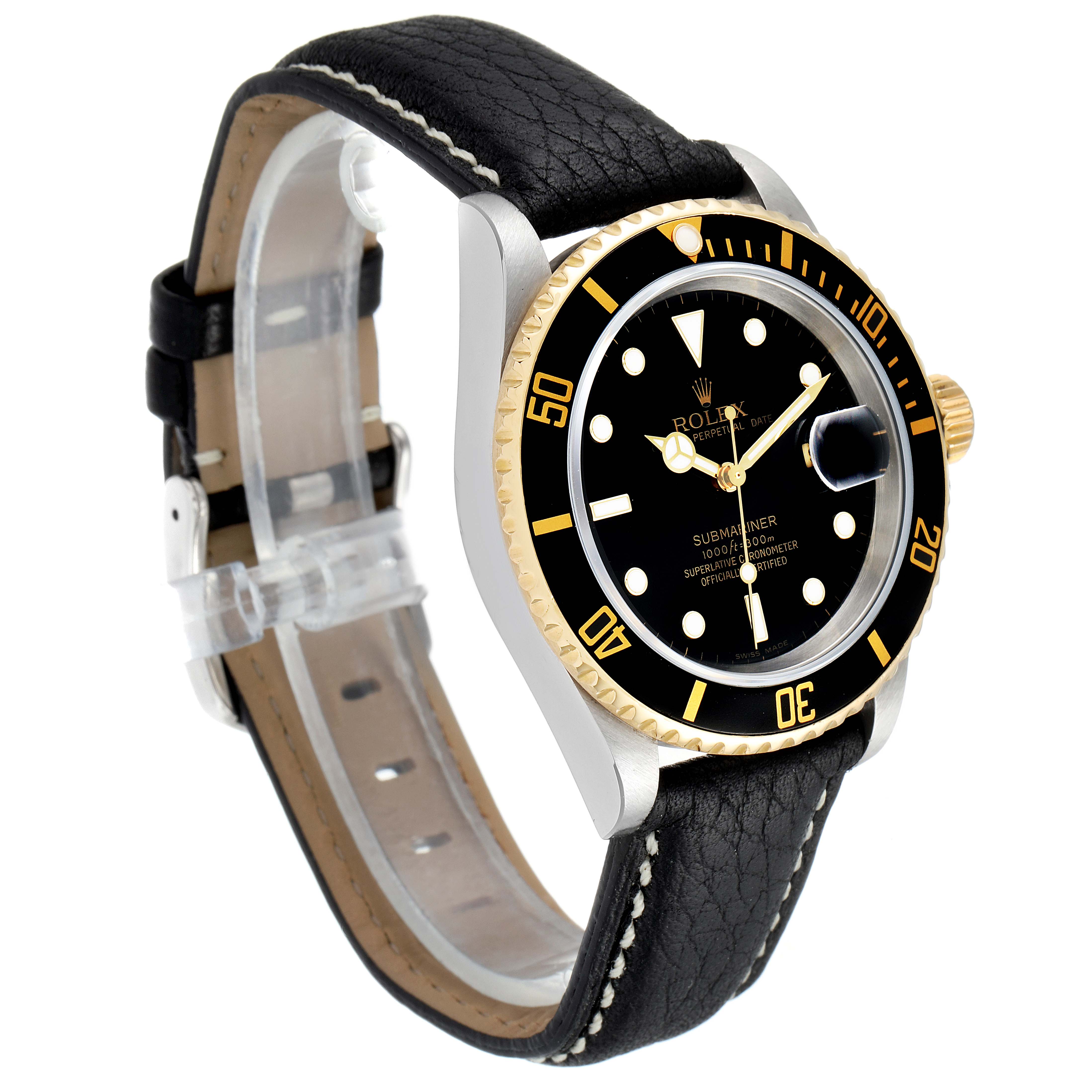The image shows a side-angle view of a Rolex Submariner 16613 Men's Steel and Gold (two tone) Black Dial 16613 Men's Steel and Gold (two tone) Black Dial watch featuring a black bezel, a black dial, and a black leather strap.