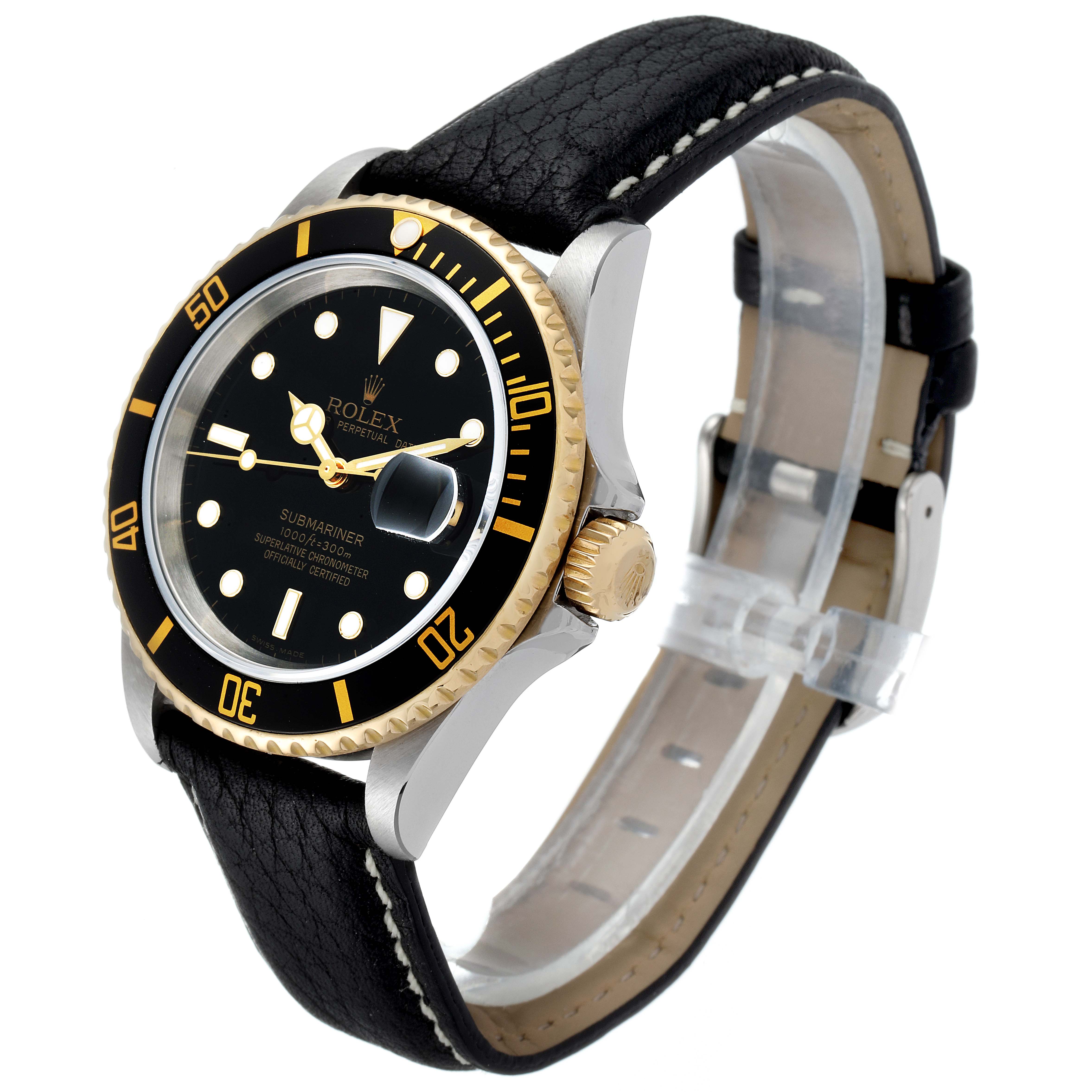 This image shows a side angle of the Rolex Submariner 16613 Men's Steel and Gold (two tone) Black Dial 16613 Men's Steel and Gold (two tone) Black Dial watch, highlighting its black dial, gold bezel, crown, and black leather strap.