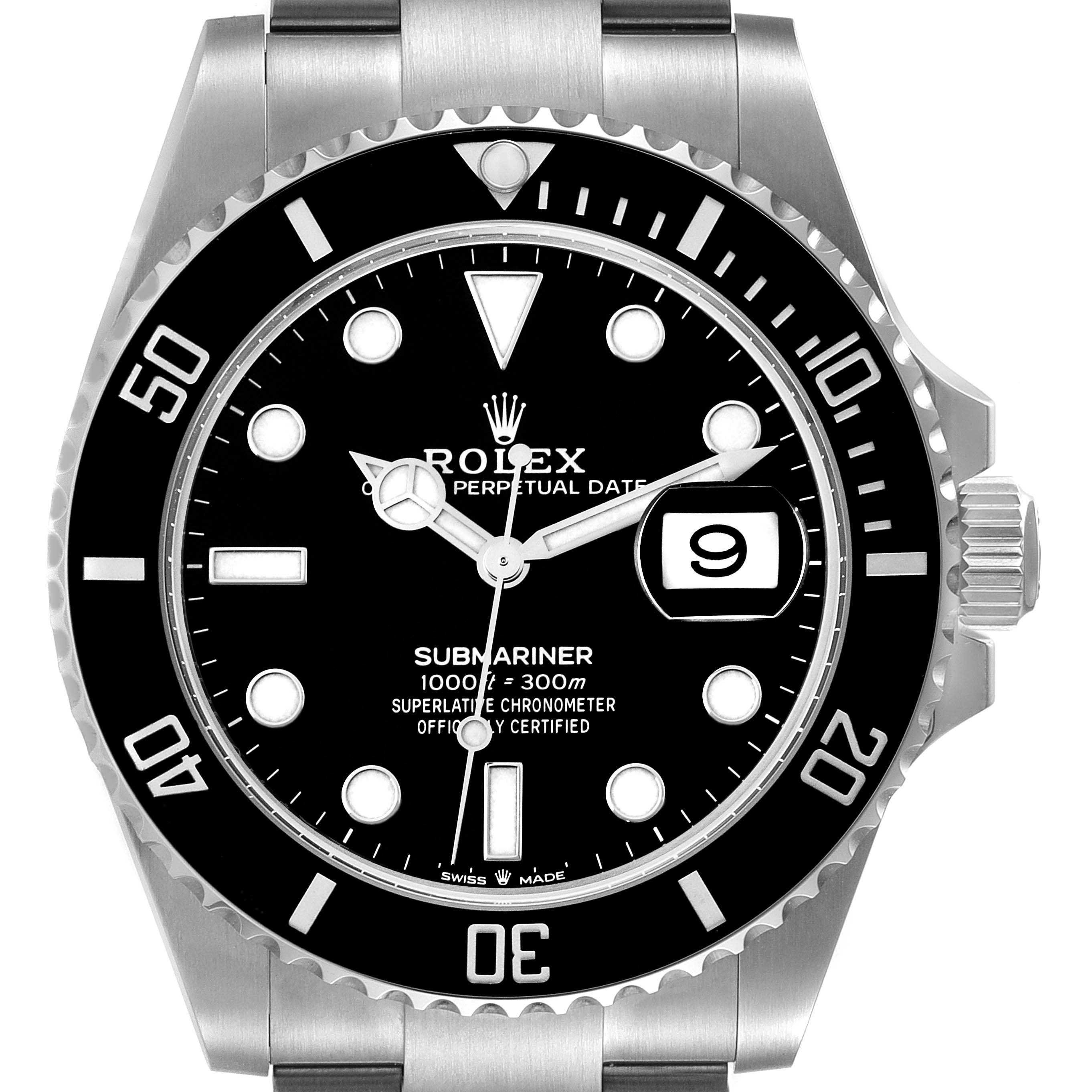 This image shows a front view of a Rolex Submariner 126610 Men
s Stainless Steel Black Dial 126610 Men
s Stainless Steel Black Dial watch, highlighting its dial, bezel, and crown.