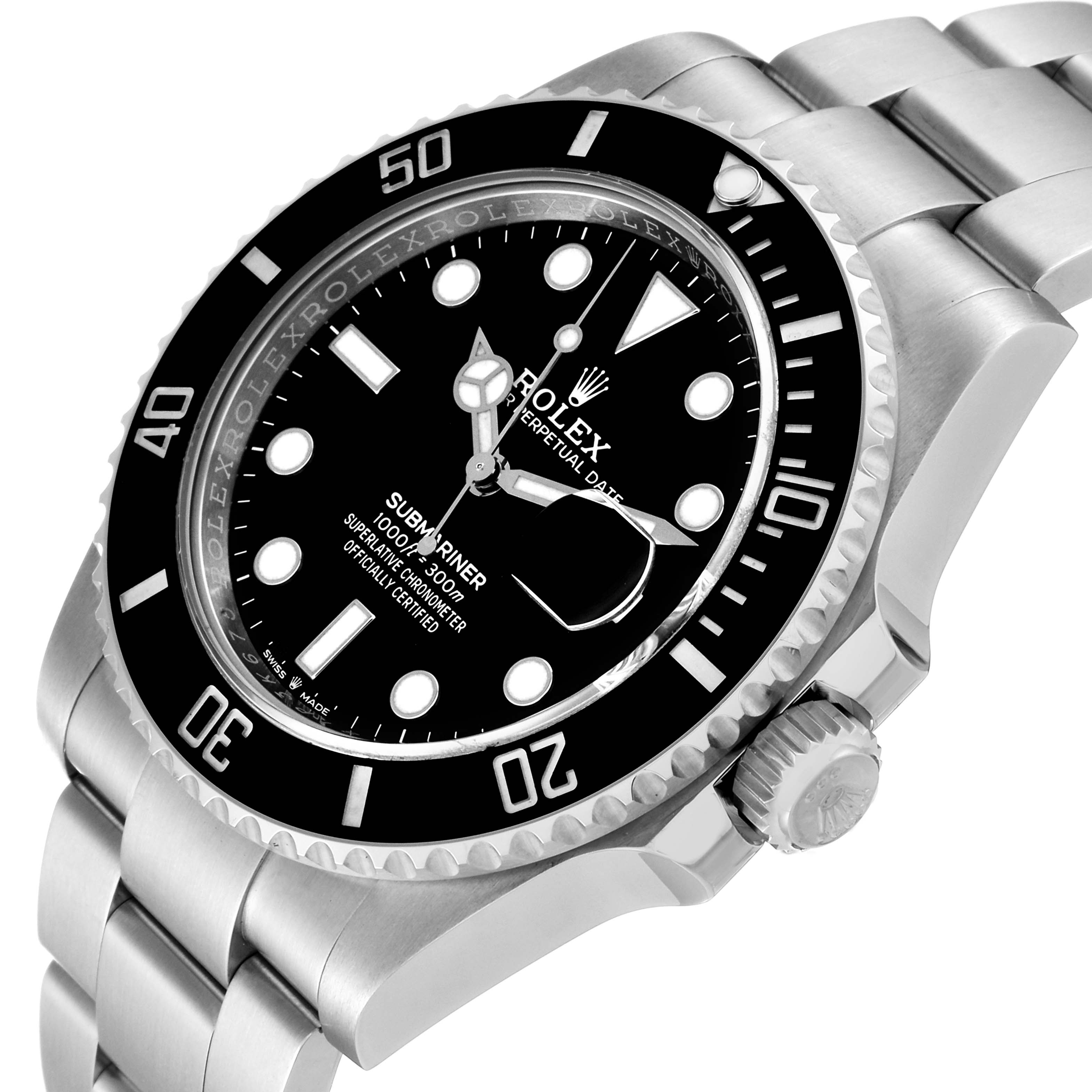 The Rolex Submariner 126610 Men
s Stainless Steel Black Dial 126610 Men
s Stainless Steel Black Dial watch is shown from an angled side view, highlighting the crown, bezel, and part of the bracelet.