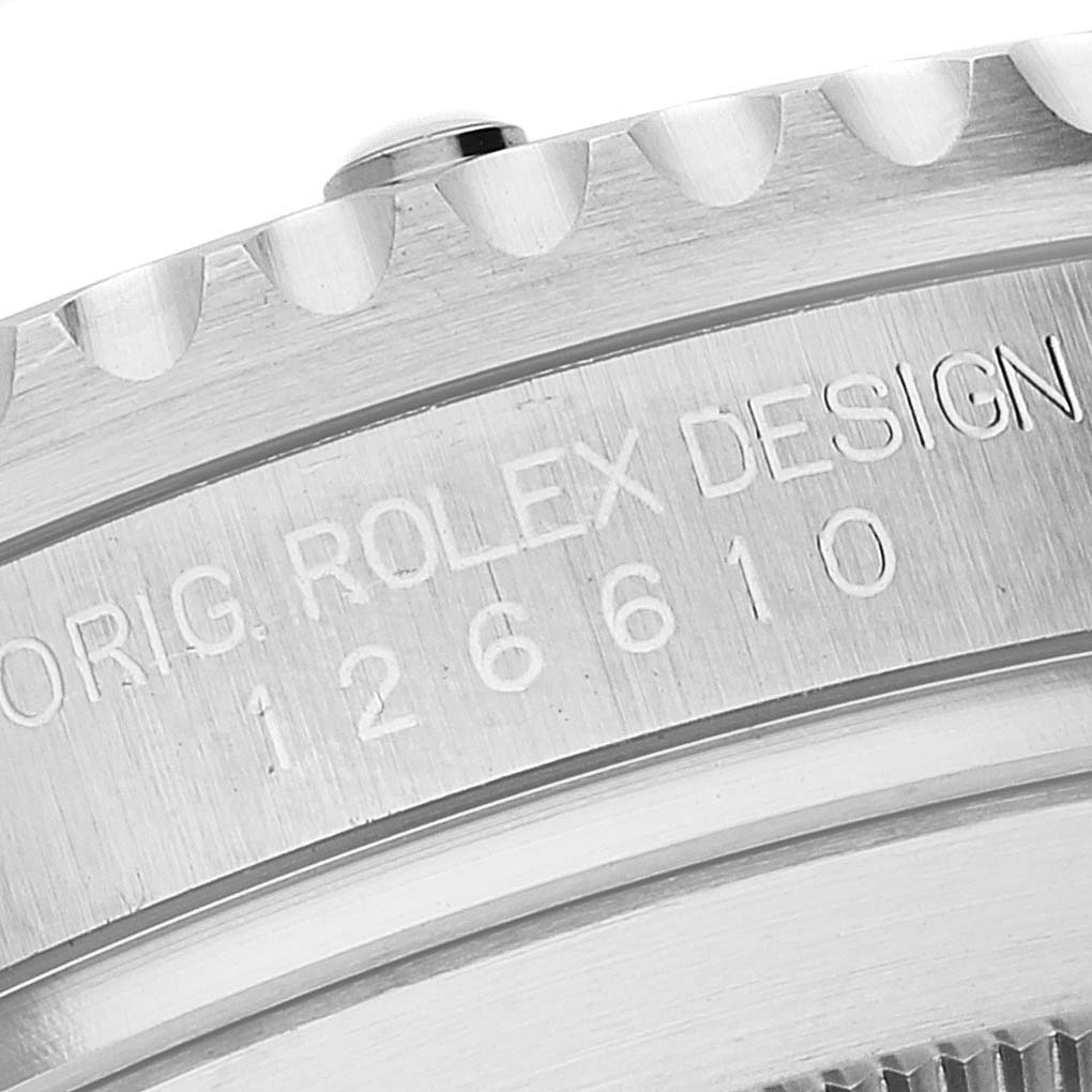 The image shows a close-up of the Rolex Submariner 126610 Men
s Stainless Steel Black Dial 126610 Men
s Stainless Steel Black Dial model
s engraved side with the model number 126610.