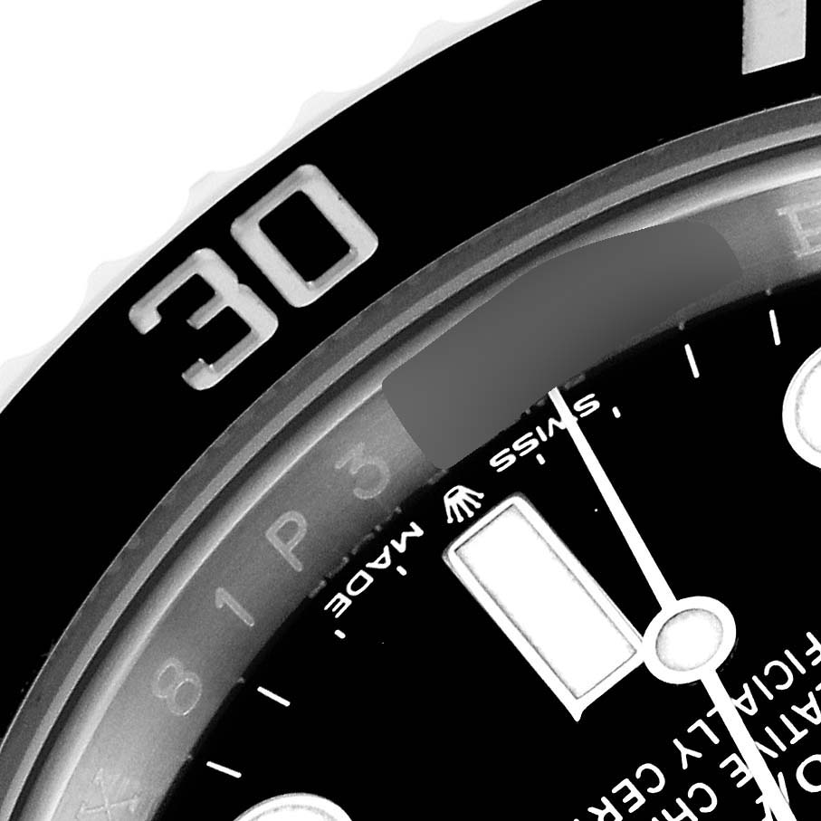 This close-up image shows the bezel and part of the dial of a Rolex Submariner 126610 Men
s Stainless Steel Black Dial 126610 Men
s Stainless Steel Black Dial watch, focusing on the 30-minute marker.