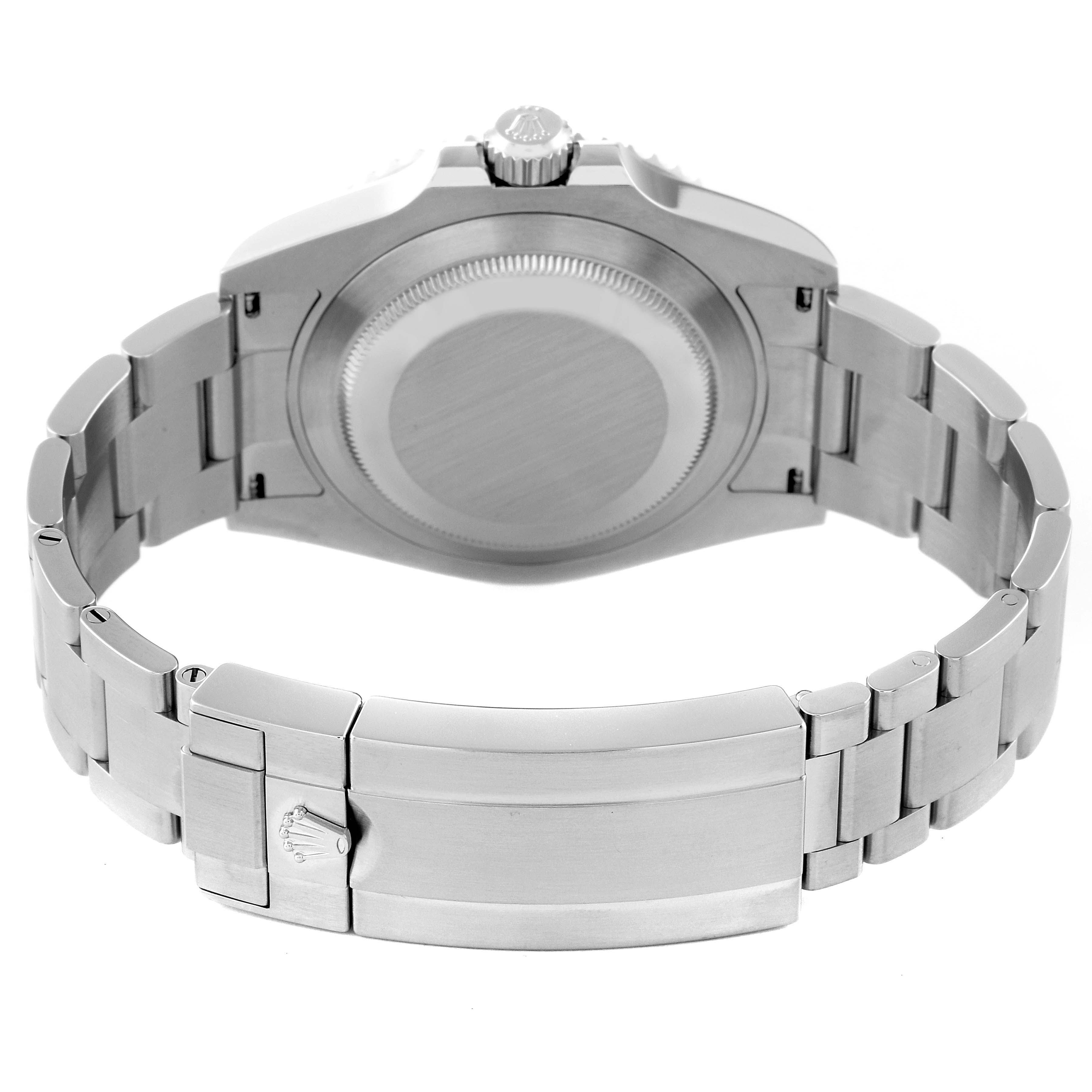 This image shows the back view of the Rolex Submariner 126610 Men
s Stainless Steel Black Dial 126610 Men
s Stainless Steel Black Dial watch, featuring its case back, crown, and metal bracelet with clasp.