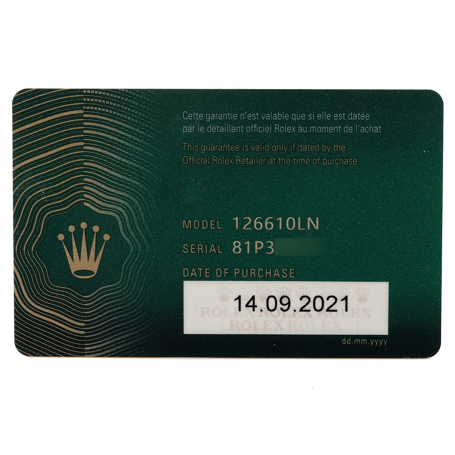 The image shows a green warranty card for the Rolex Submariner 126610 Men
s Stainless Steel Black Dial 126610 Men
s Stainless Steel Black Dial model 126610LN.