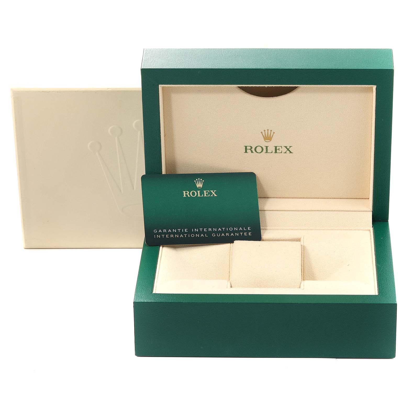 The image shows an open Rolex Submariner 126610 Men
s Stainless Steel Black Dial 126610 Men
s Stainless Steel Black Dial watch box with a green warranty card inside.