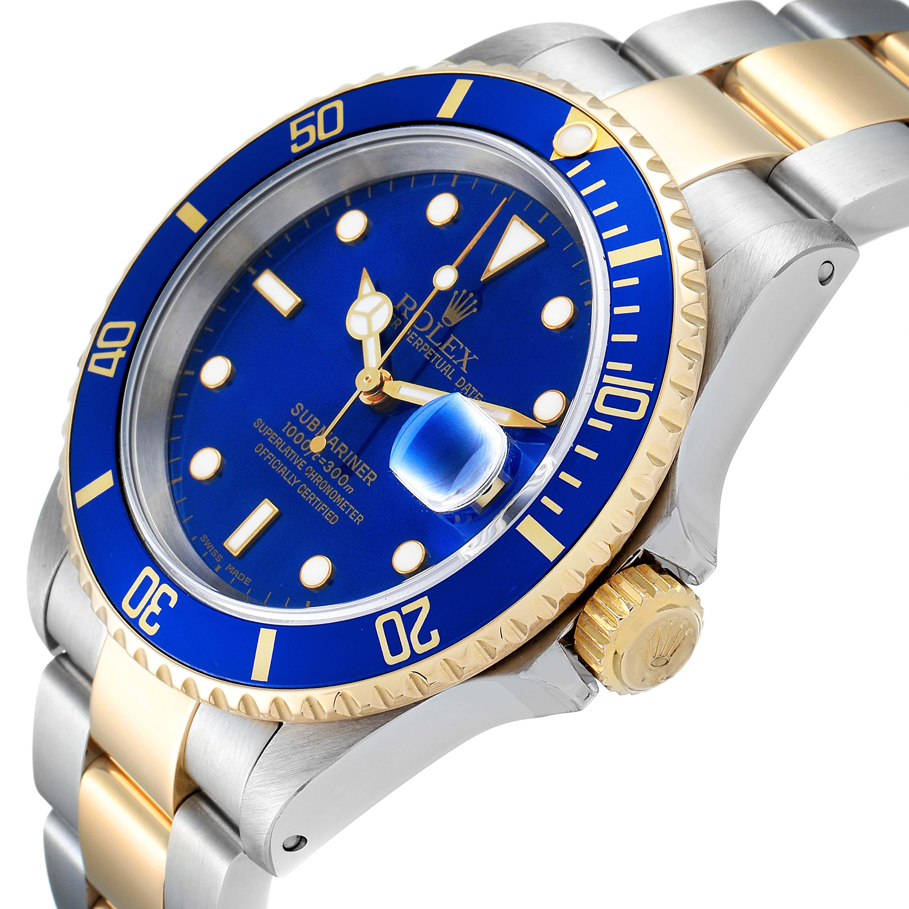 The image shows a Rolex Submariner 16613 Men's Steel and Gold (two tone) Blue Dial 16613 Men's Steel and Gold (two tone) Blue Dial at a three-quarter angle, displaying the bezel, crown, and two-tone bracelet.