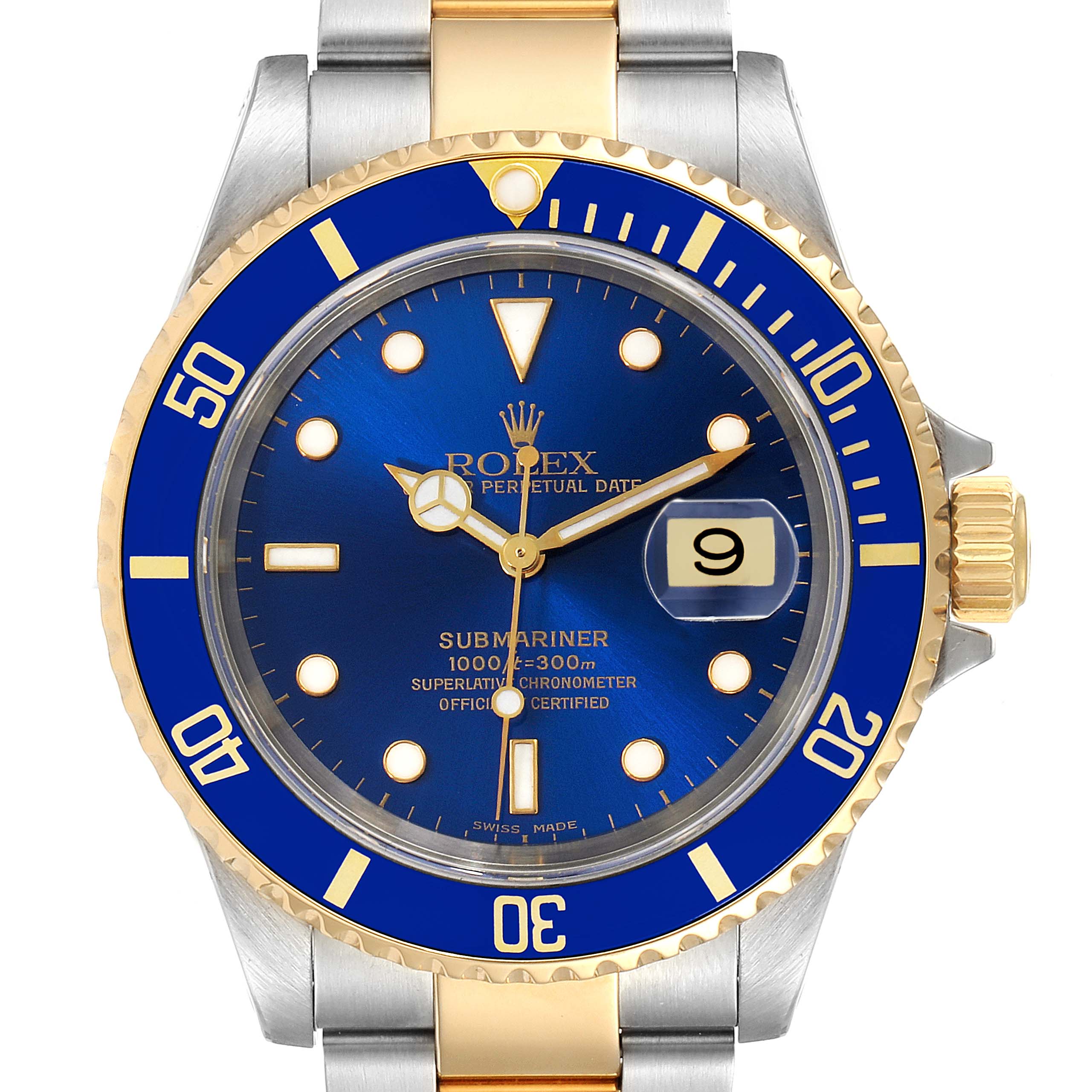 This image shows the front view of a Rolex Submariner 16613 Men's Steel and Gold (two tone) Blue Dial 16613 Men's Steel and Gold (two tone) Blue Dial watch with a blue and gold bezel and dial.