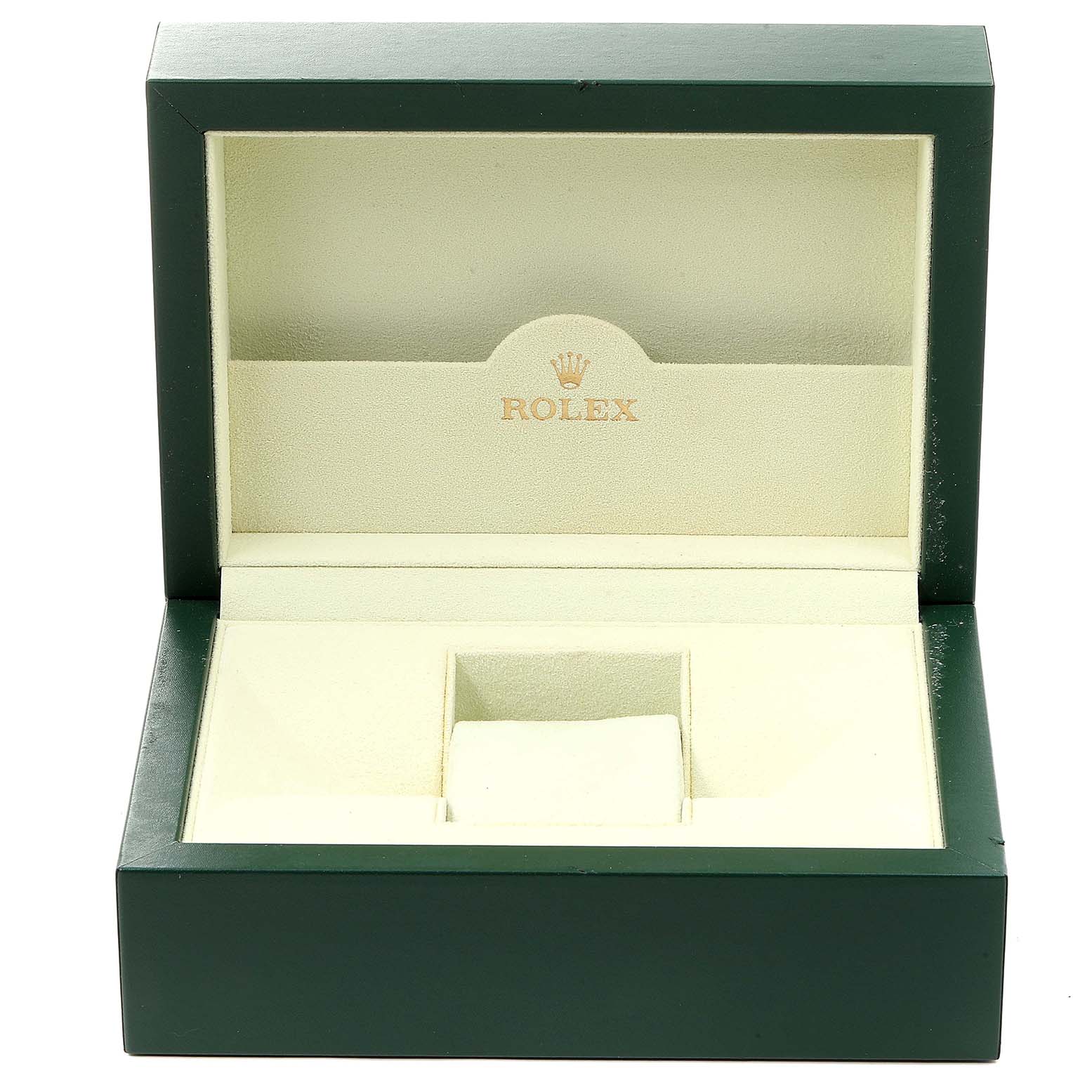 The image shows an open Rolex box for a Submariner model, revealing the interior cushion and storage space.