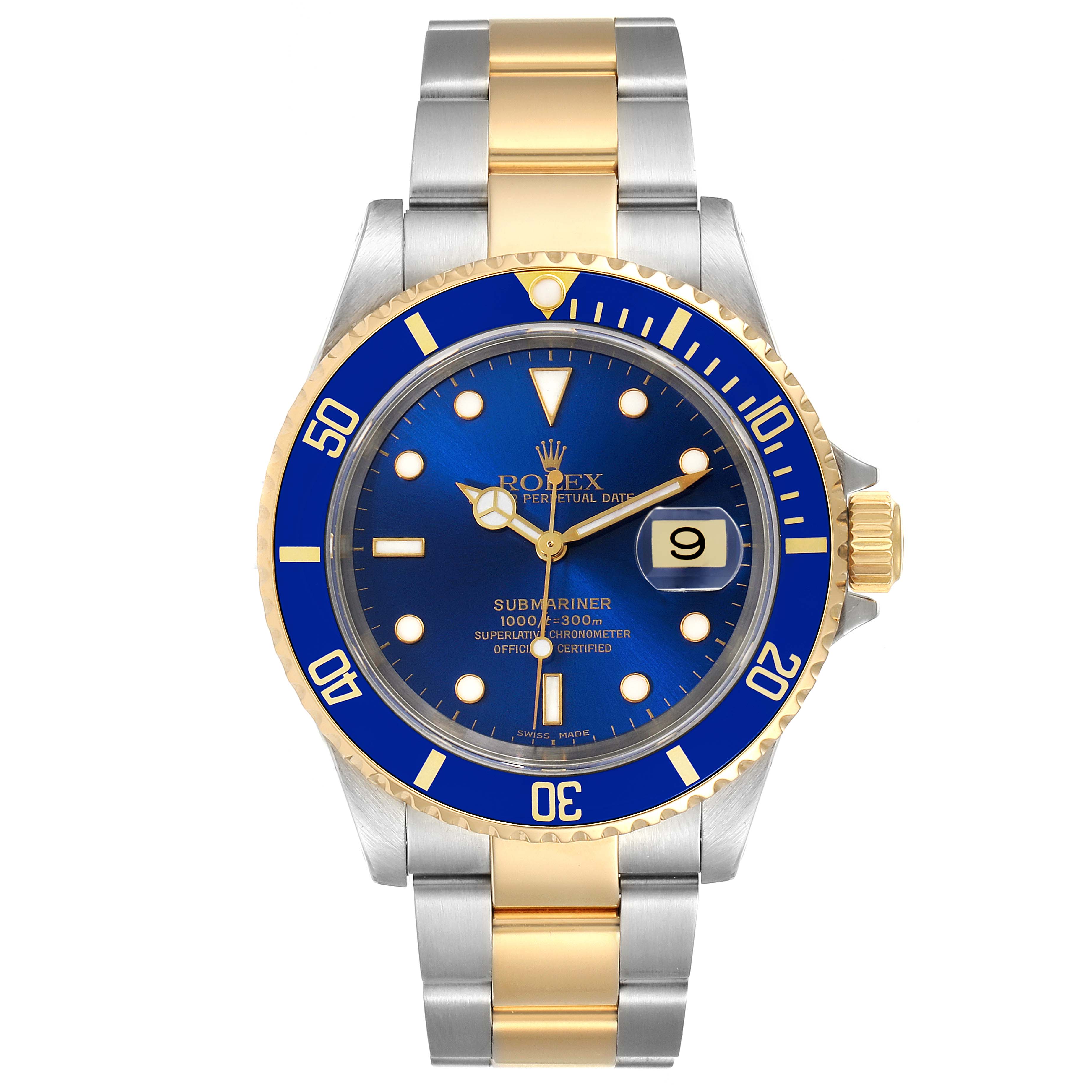 The image shows a front view of a Rolex Submariner 16613 Men's Steel and Gold (two tone) Blue Dial 16613 Men's Steel and Gold (two tone) Blue Dial watch with a blue dial, gold and silver bracelet, and a gold bezel.