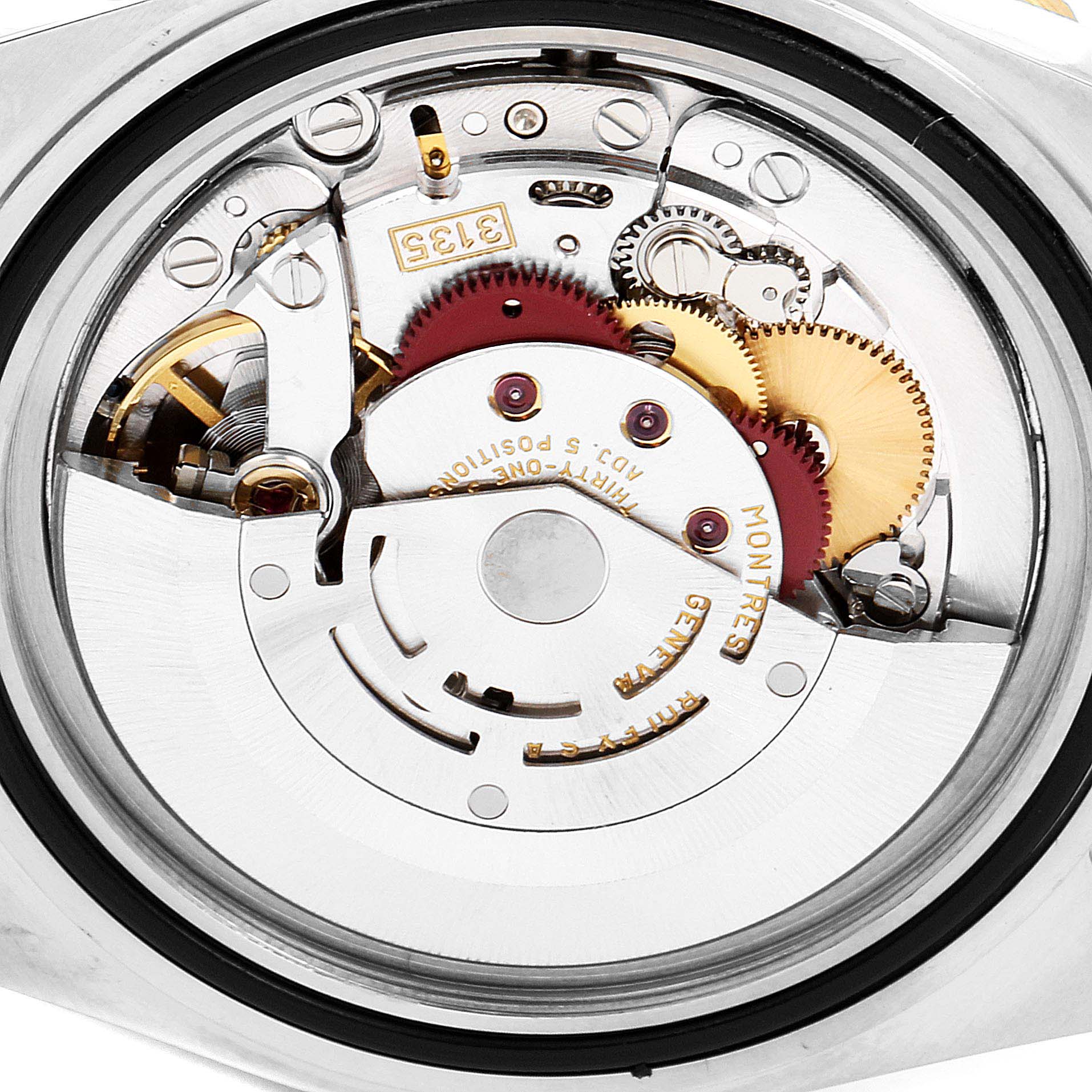 This image shows a close-up view of the internal mechanical movement of a Rolex Submariner 16613 Men's Steel and Gold (two tone) Blue Dial 16613 Men's Steel and Gold (two tone) Blue Dial watch.