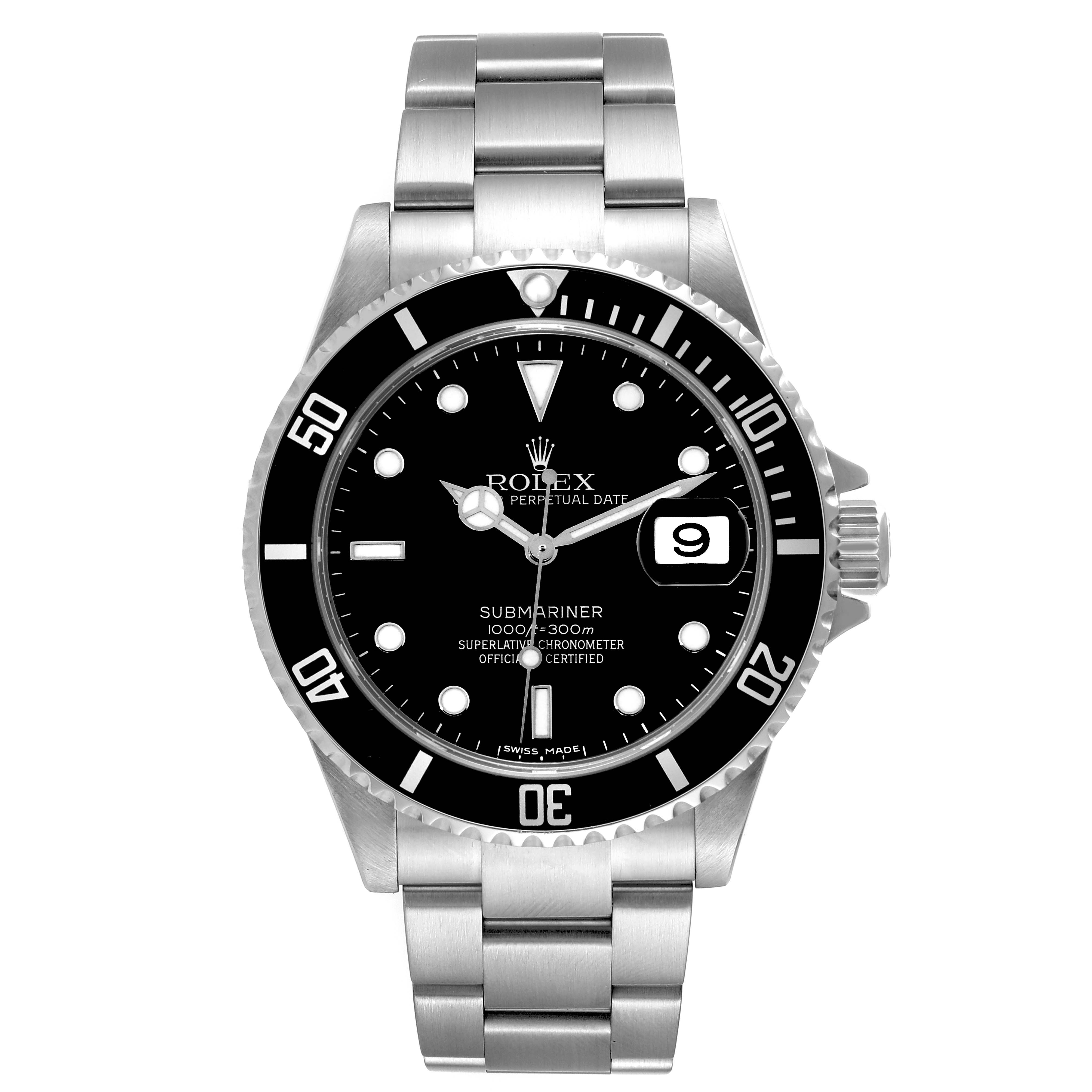 The image shows a Rolex Submariner 16610 Men
s Stainless Steel Black Dial 16610 Men
s Stainless Steel Black Dial watch from the front, highlighting its face, bezel, and bracelet.