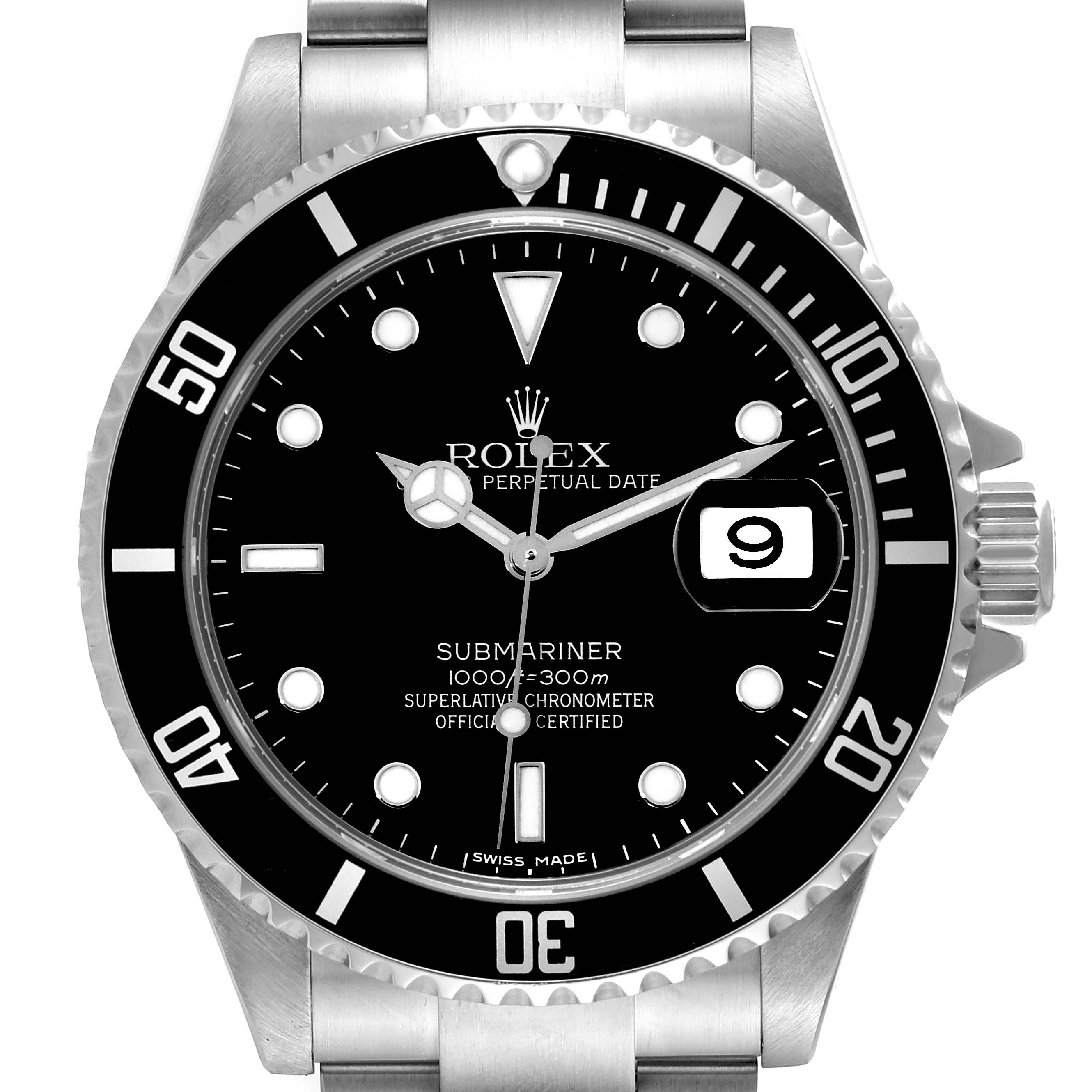 This image shows a front view of the Rolex Submariner 16610 Men
s Stainless Steel Black Dial 16610 Men
s Stainless Steel Black Dial watch, highlighting its black dial, stainless steel case, and date function.