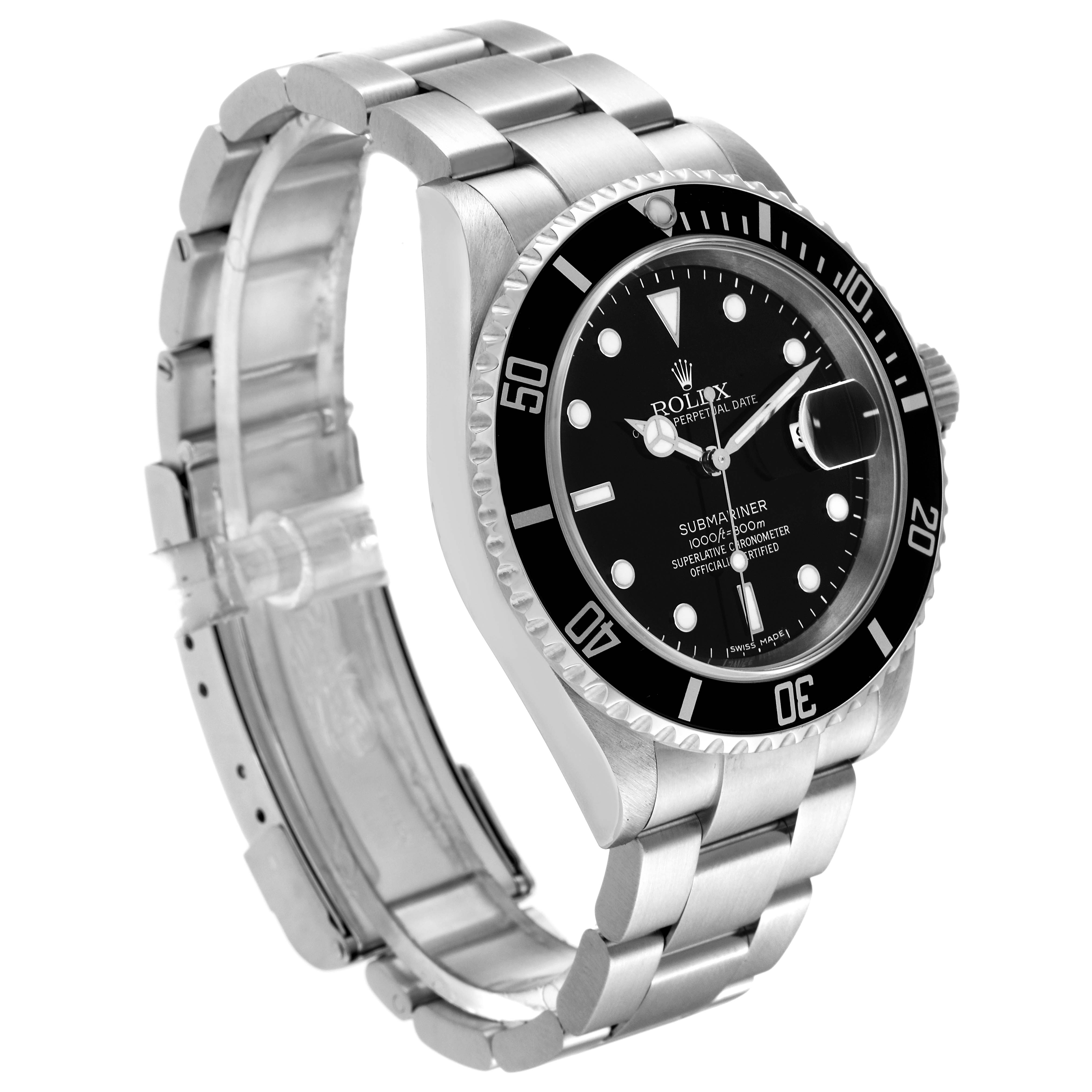 The Rolex Submariner 16610 Men
s Stainless Steel Black Dial 16610 Men
s Stainless Steel Black Dial watch is shown from a front-left angle, highlighting the black dial, bezel, and stainless steel bracelet.