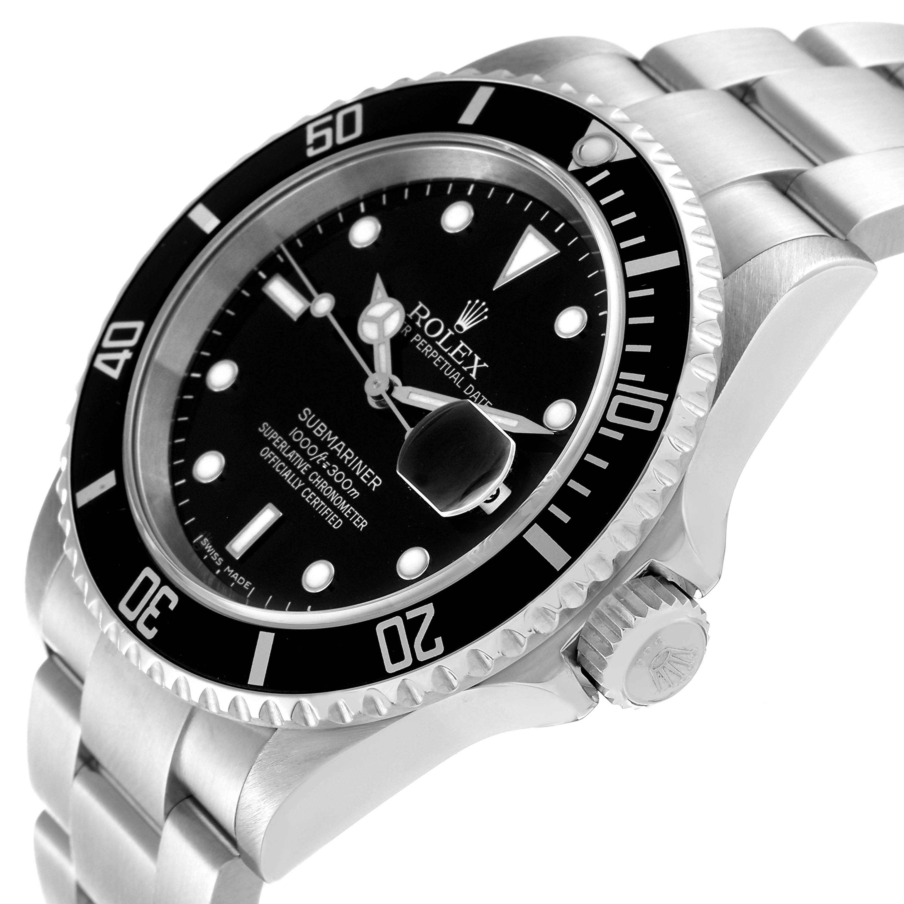 The image shows a side view of a Rolex Submariner 16610 Men
s Stainless Steel Black Dial 16610 Men
s Stainless Steel Black Dial, focusing on the dial, bezel, and part of the bracelet.