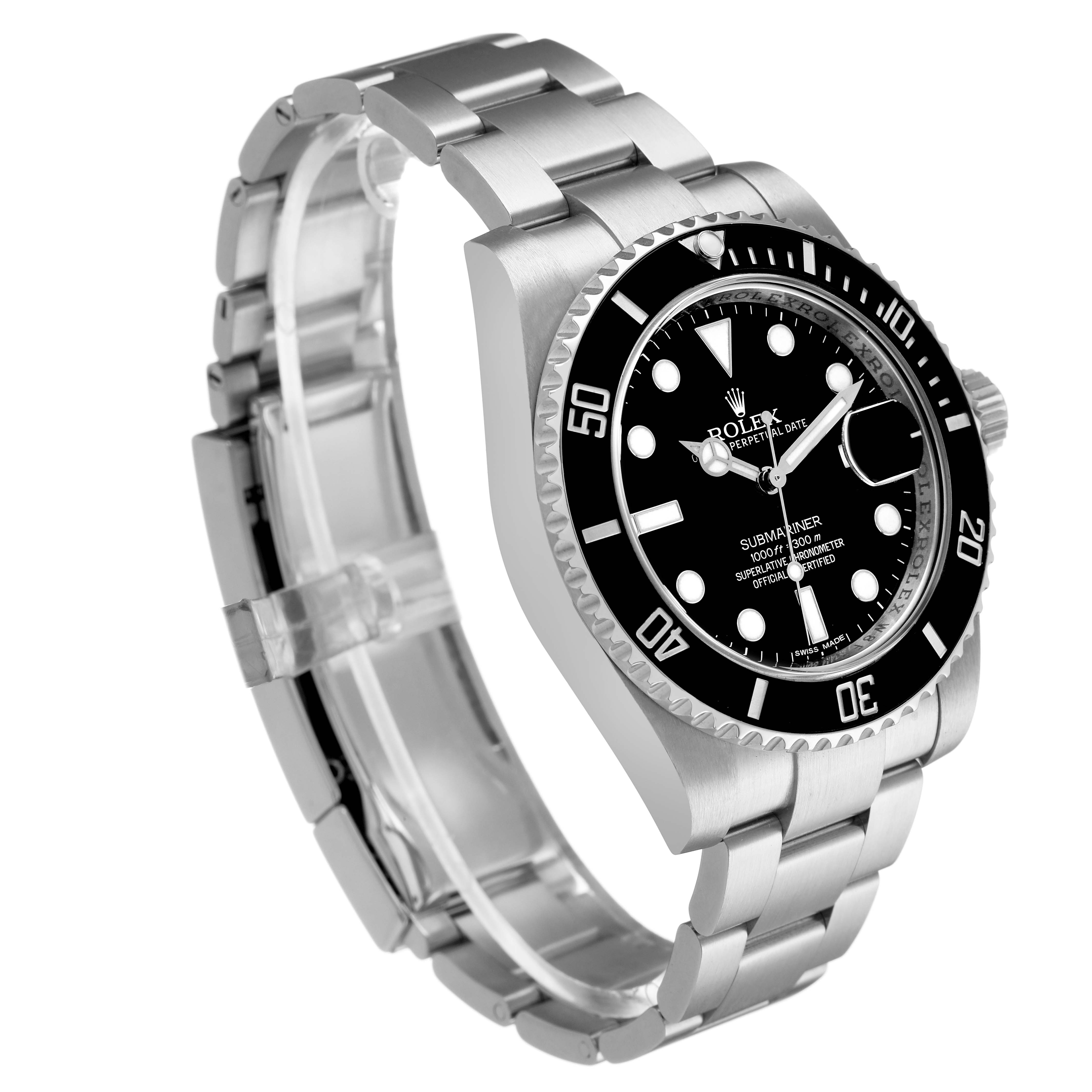 The Rolex Submariner 116610 Men's Stainless Steel Black Dial is shown at a three-quarter angle, highlighting the bezel, dial, and bracelet.
