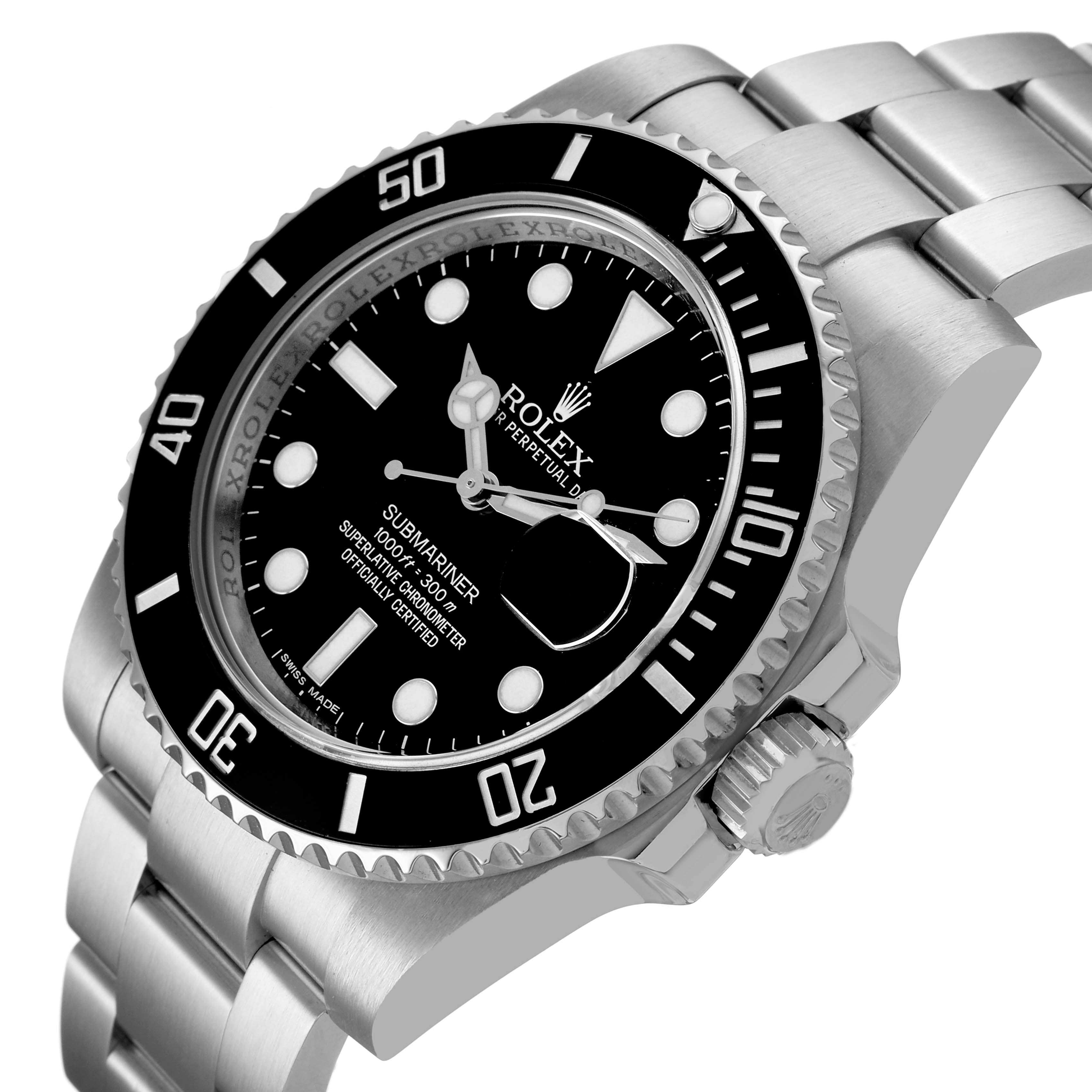The Rolex Submariner 116610 Men's Stainless Steel Black Dial is shown at an angled view, featuring the bezel, dial, bracelet, and crown.