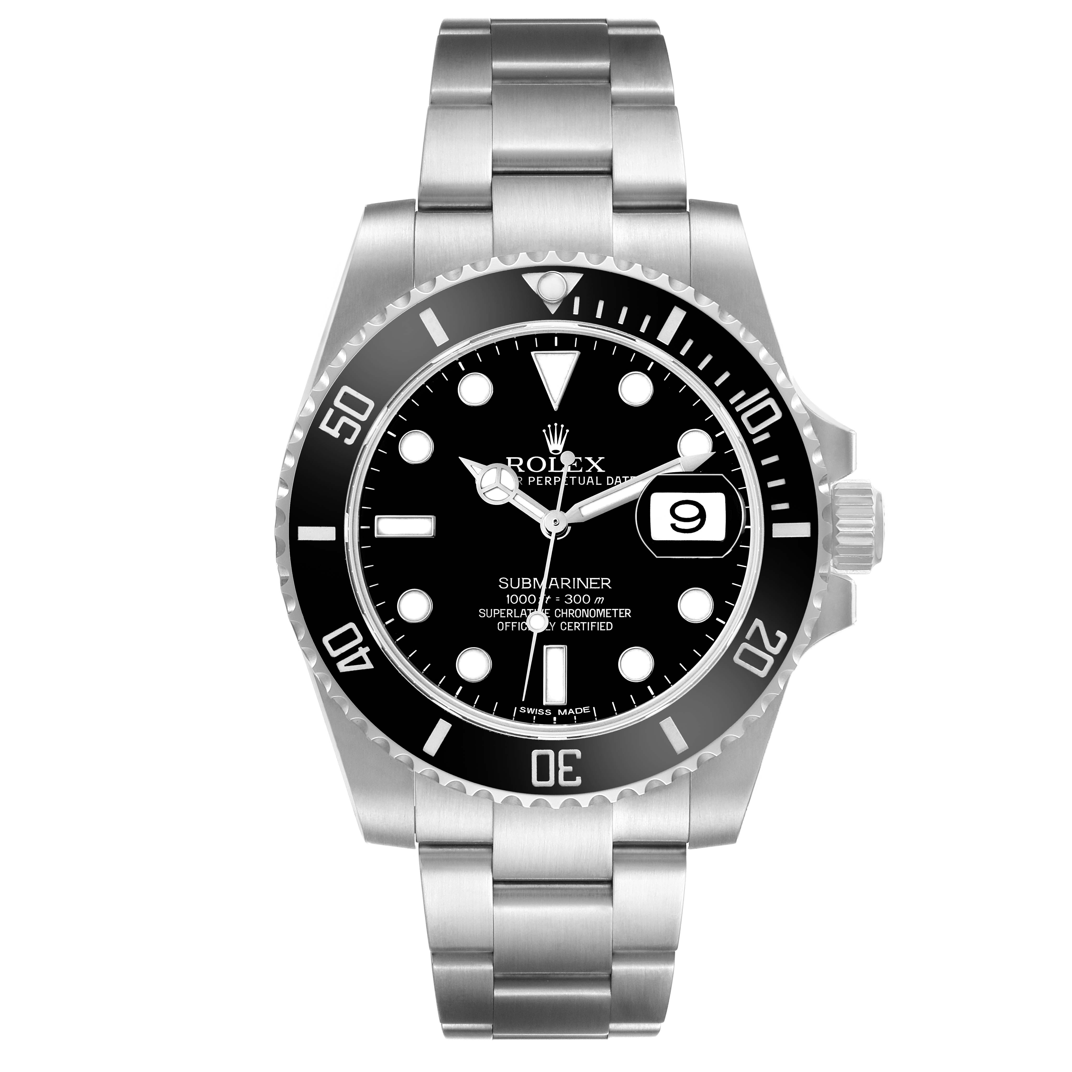 The image shows a front view of a Rolex Submariner 116610 Men's Stainless Steel Black Dial, highlighting its dial, bezel, and stainless steel bracelet.