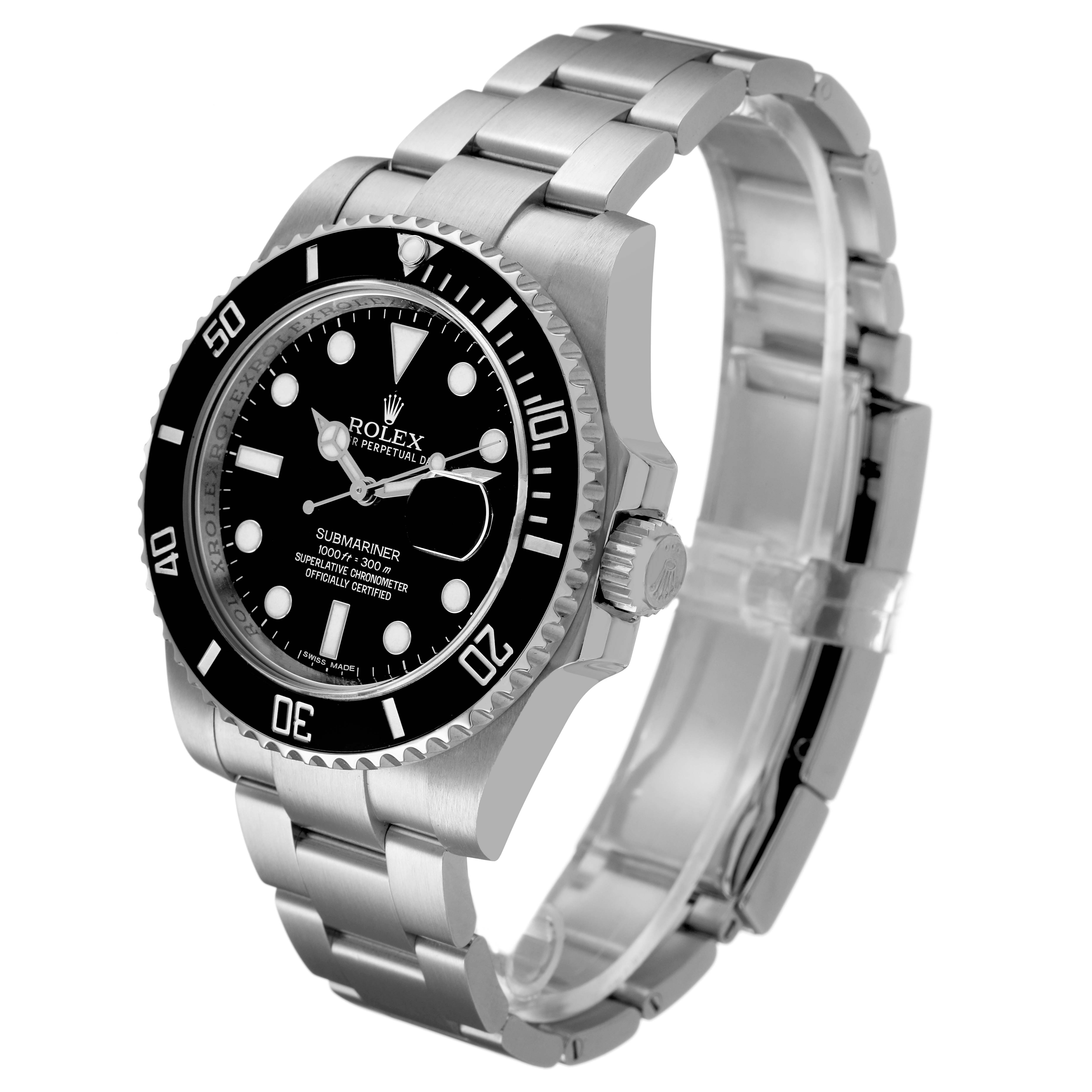The Rolex Submariner 116610 Men's Stainless Steel Black Dial is shown at a three-quarter angle, highlighting the dial, bezel, crown, and bracelet.