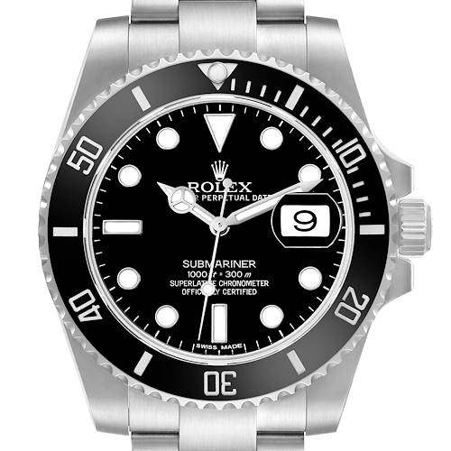 The image shows a frontal view of a Rolex Submariner 116610 Men's Stainless Steel Black Dial watch, highlighting the bezel, dial, hands, and date window.