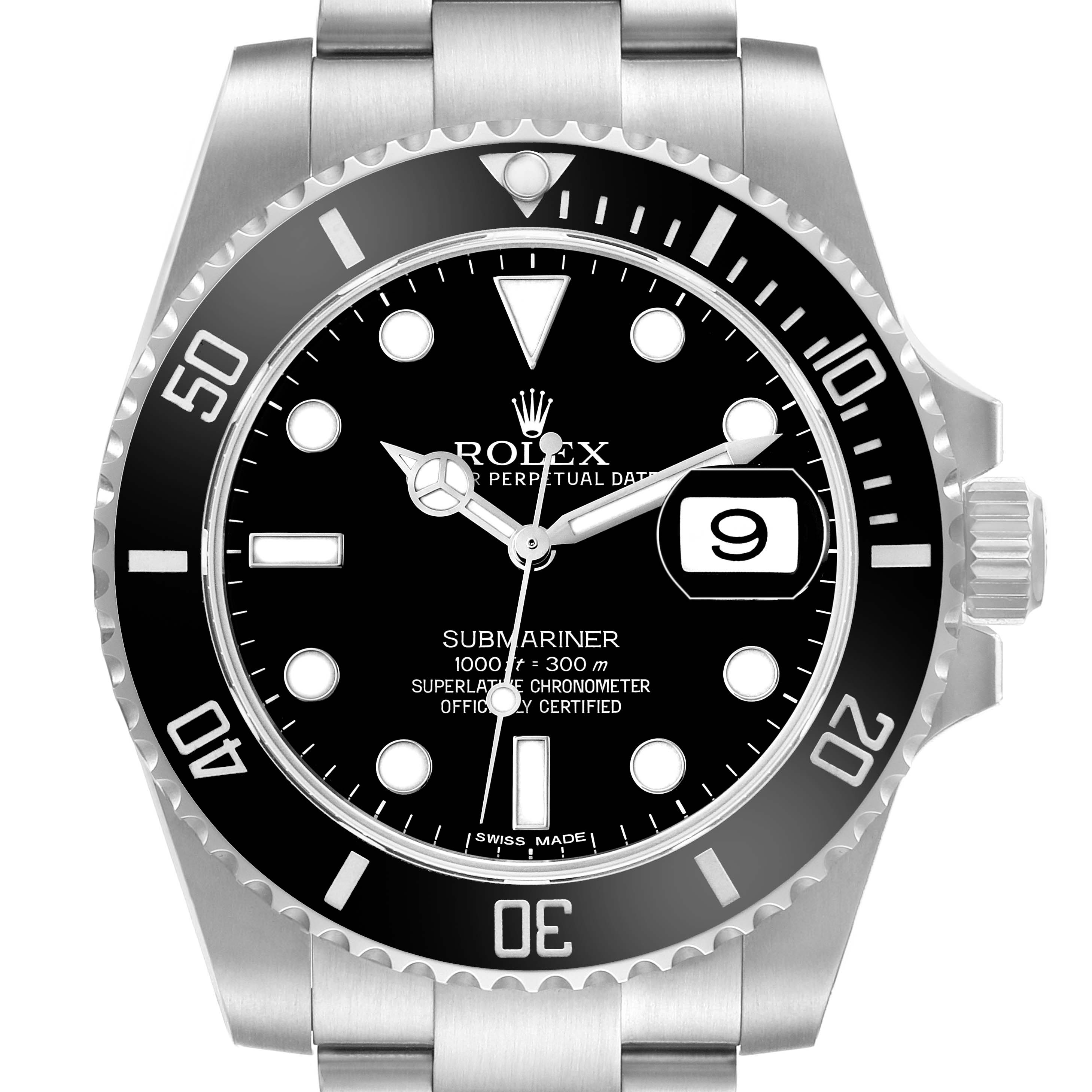 The Rolex Submariner 116610 Men's Stainless Steel Black Dial watch is shown from a top view, featuring its dial, bezel, and part of the bracelet.
