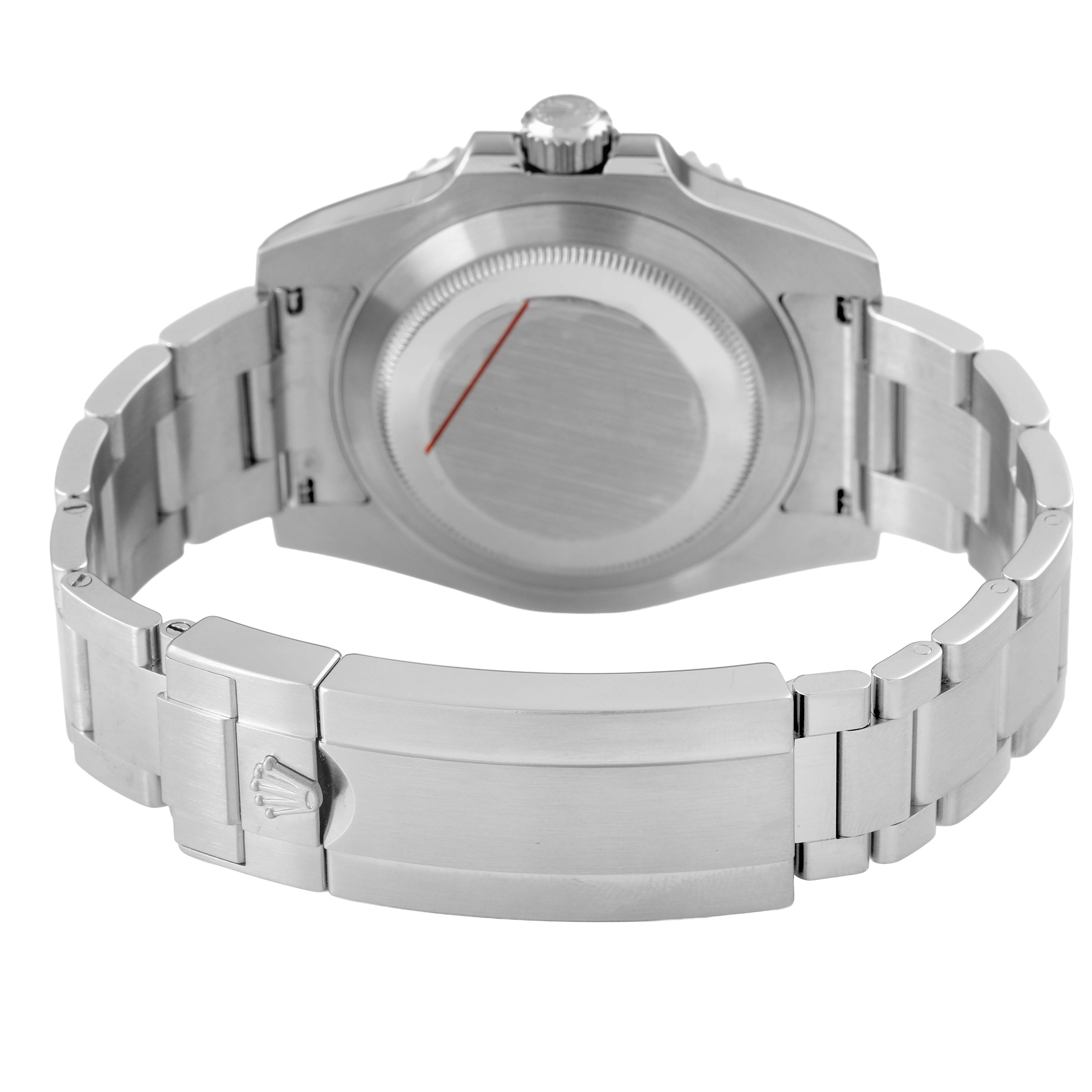 The image shows the back of a Rolex Submariner 116610 Men's Stainless Steel Black Dial watch, highlighting the case back and bracelet clasp.