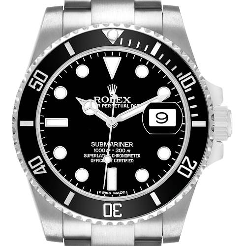 The Rolex Submariner 116610 Men's Stainless Steel Black Dial watch is shown from the front, highlighting its black dial, bezel, and bracelet.
