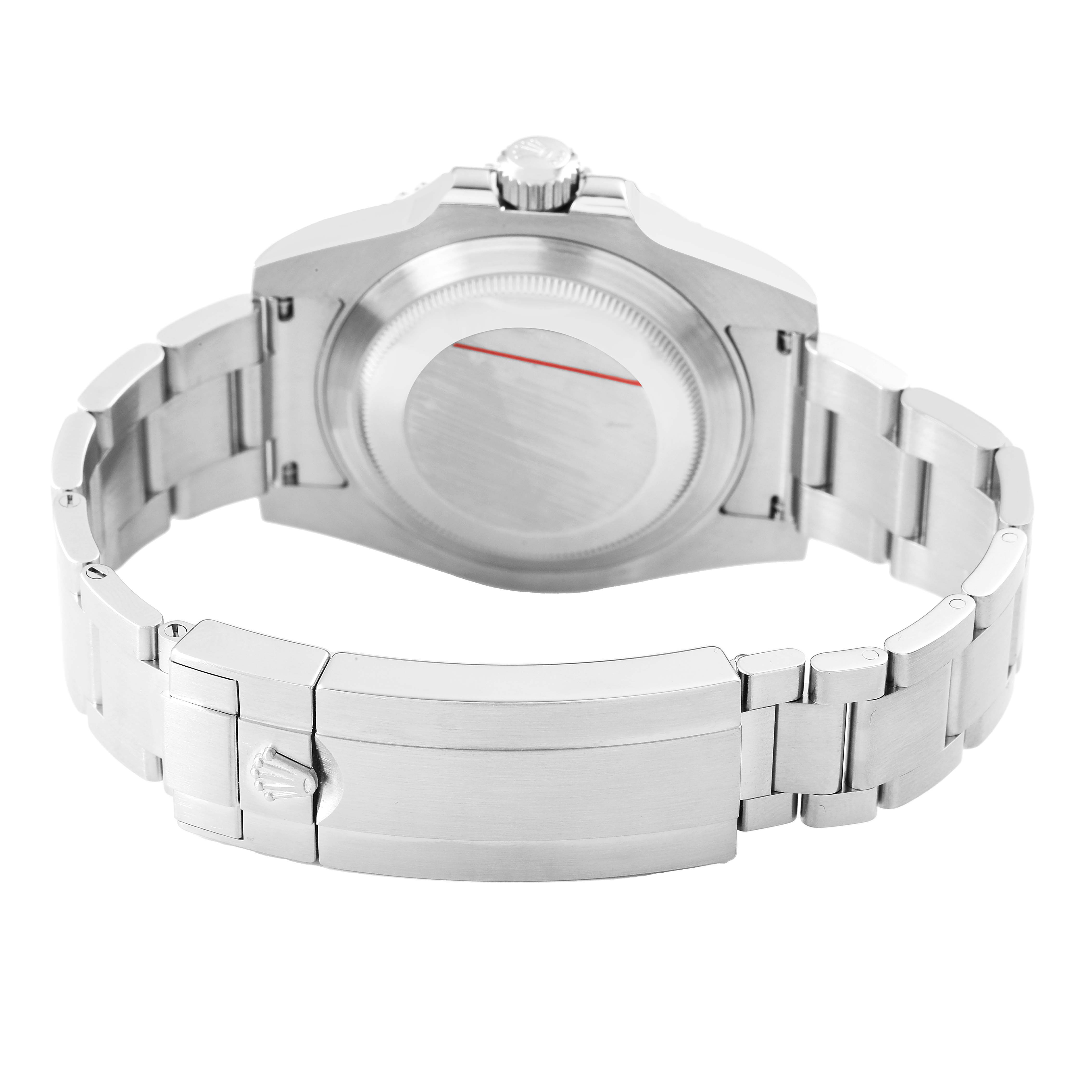 The image shows the back and clasp of a Rolex Submariner 116610 Men's Stainless Steel Black Dial, focusing on the stainless steel bracelet and case back.