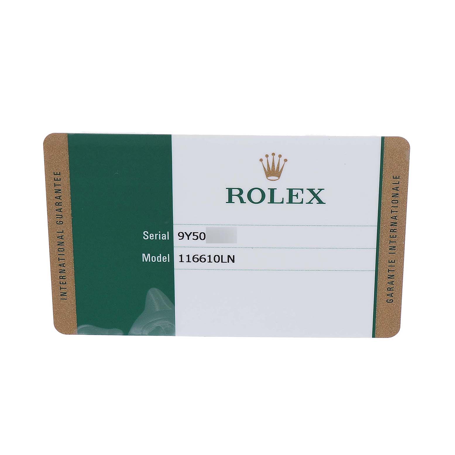 The image shows a front view of the Rolex Submariner 116610 Men's Stainless Steel Black Dial warranty card, displaying the serial and model numbers.