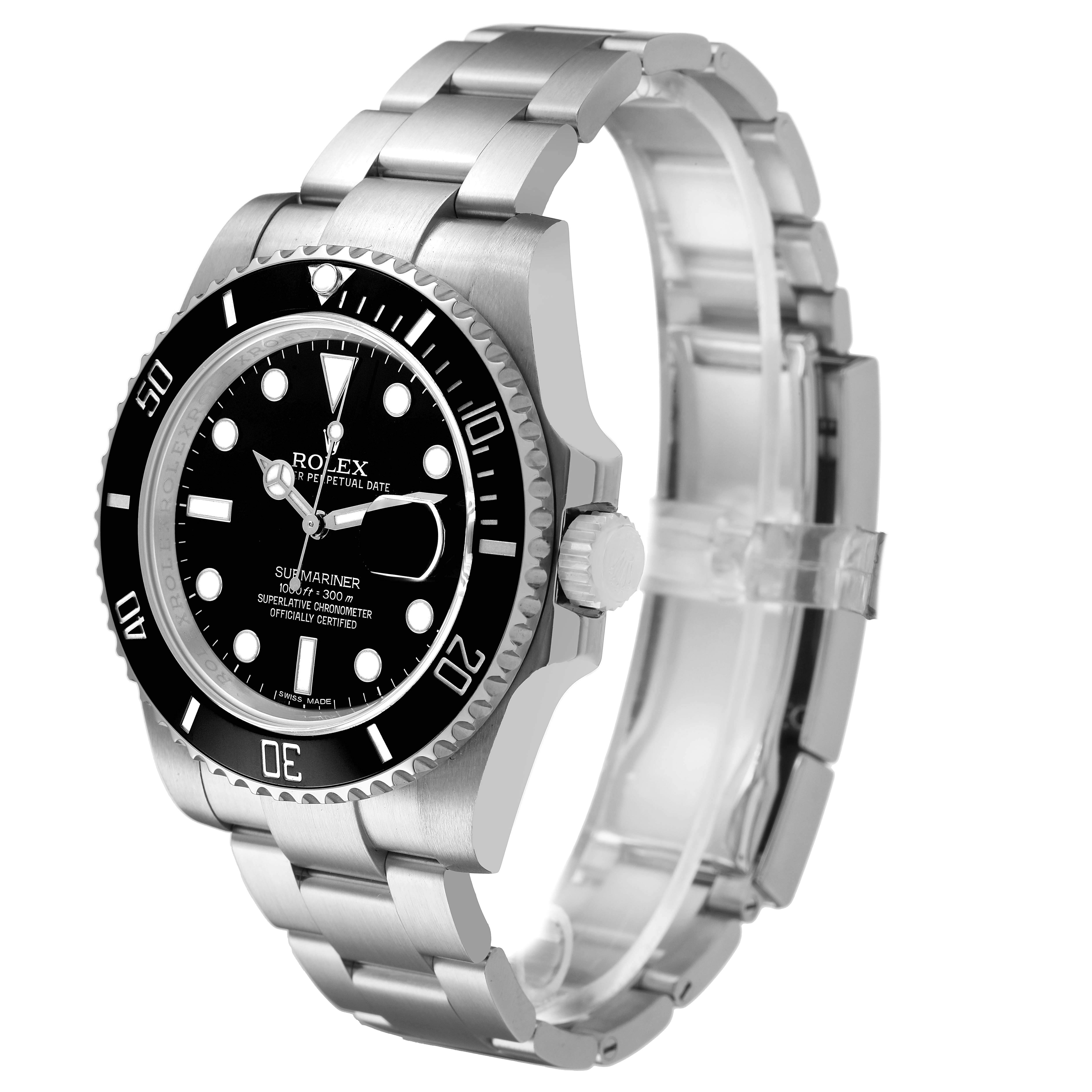 The Rolex Submariner 116610 Men's Stainless Steel Black Dial watch is shown at a slight angle, displaying its face, bezel, crown, and part of the bracelet.