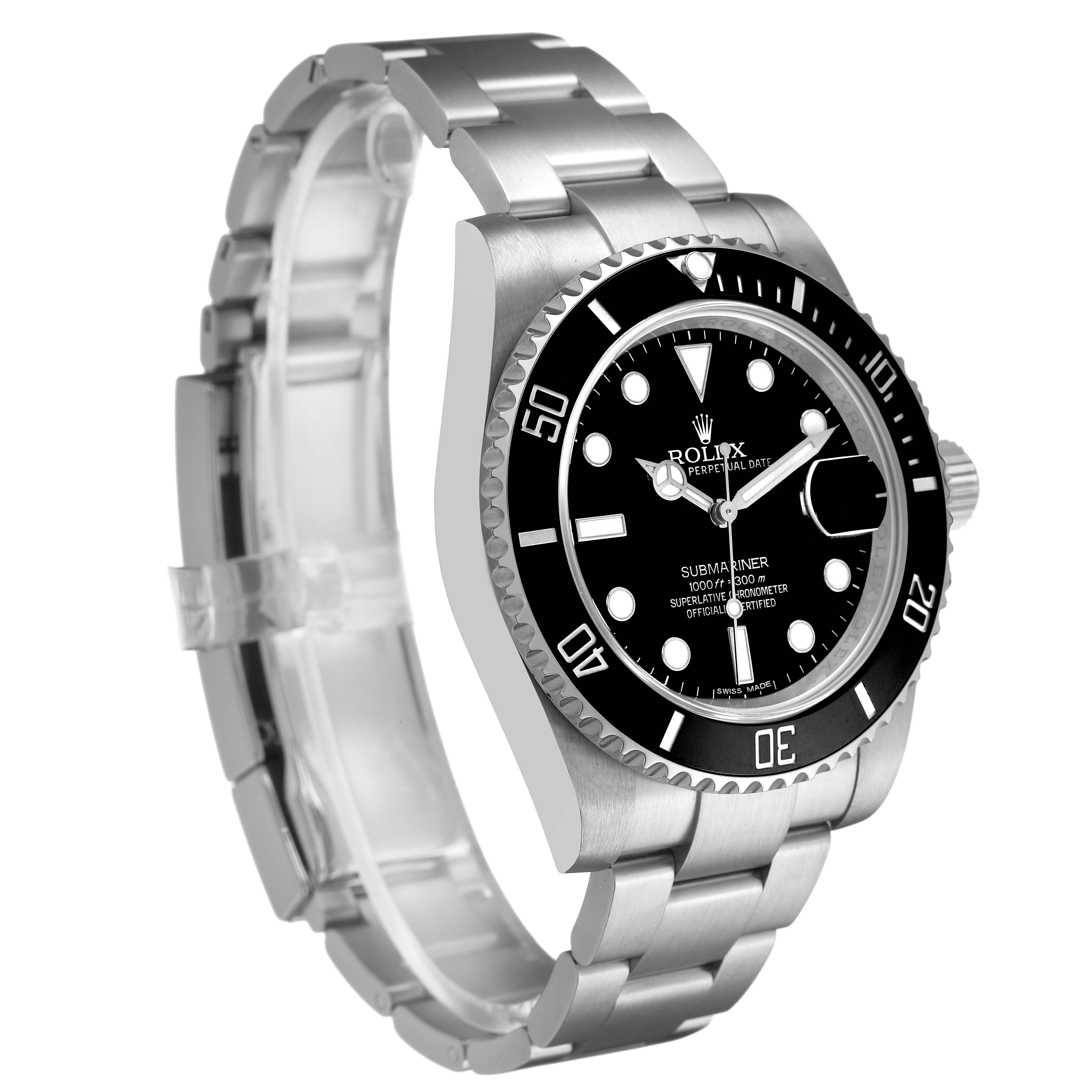 The Rolex Submariner 116610 Men's Stainless Steel Black Dial is shown from a three-quarter angle, highlighting the bezel, dial, and bracelet.