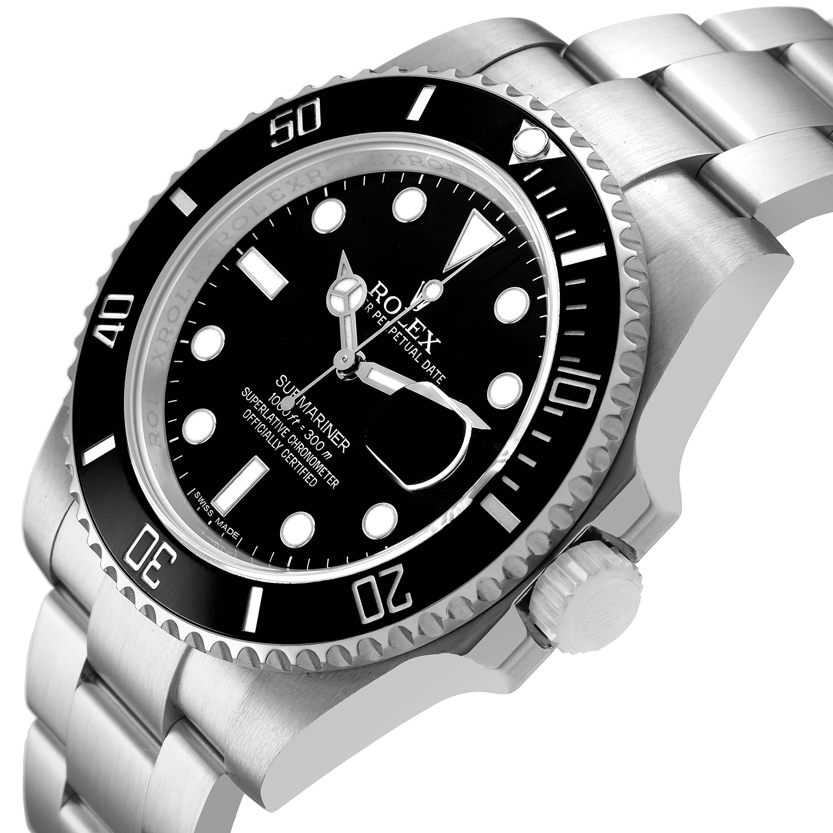 The Rolex Submariner 116610 Men's Stainless Steel Black Dial watch is shown at an angled close-up, revealing its bezel, dial, crown, and bracelet.