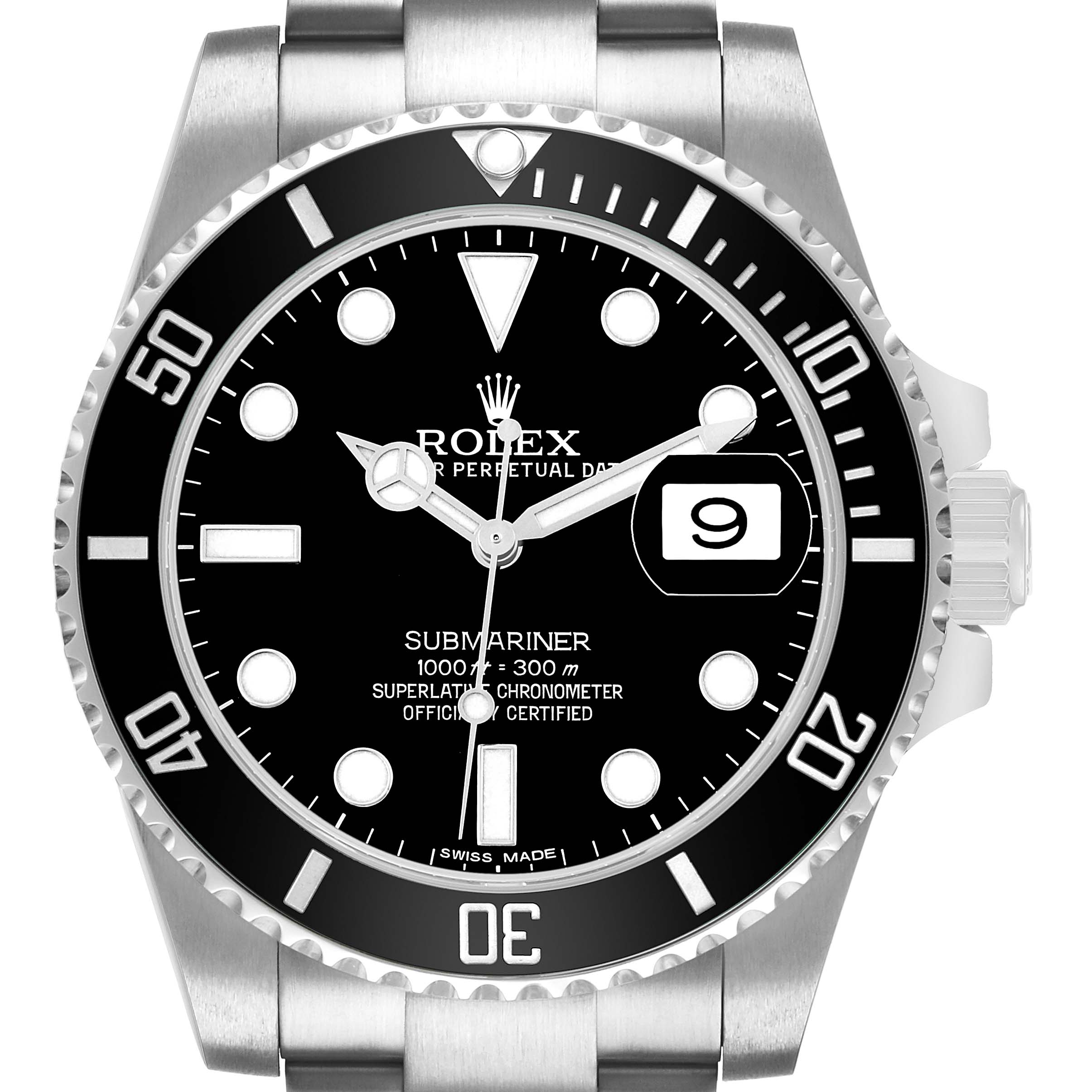 The Rolex Submariner 116610 Men's Stainless Steel Black Dial watch is shown from the front, displaying its dial, bezel, and part of the bracelet.