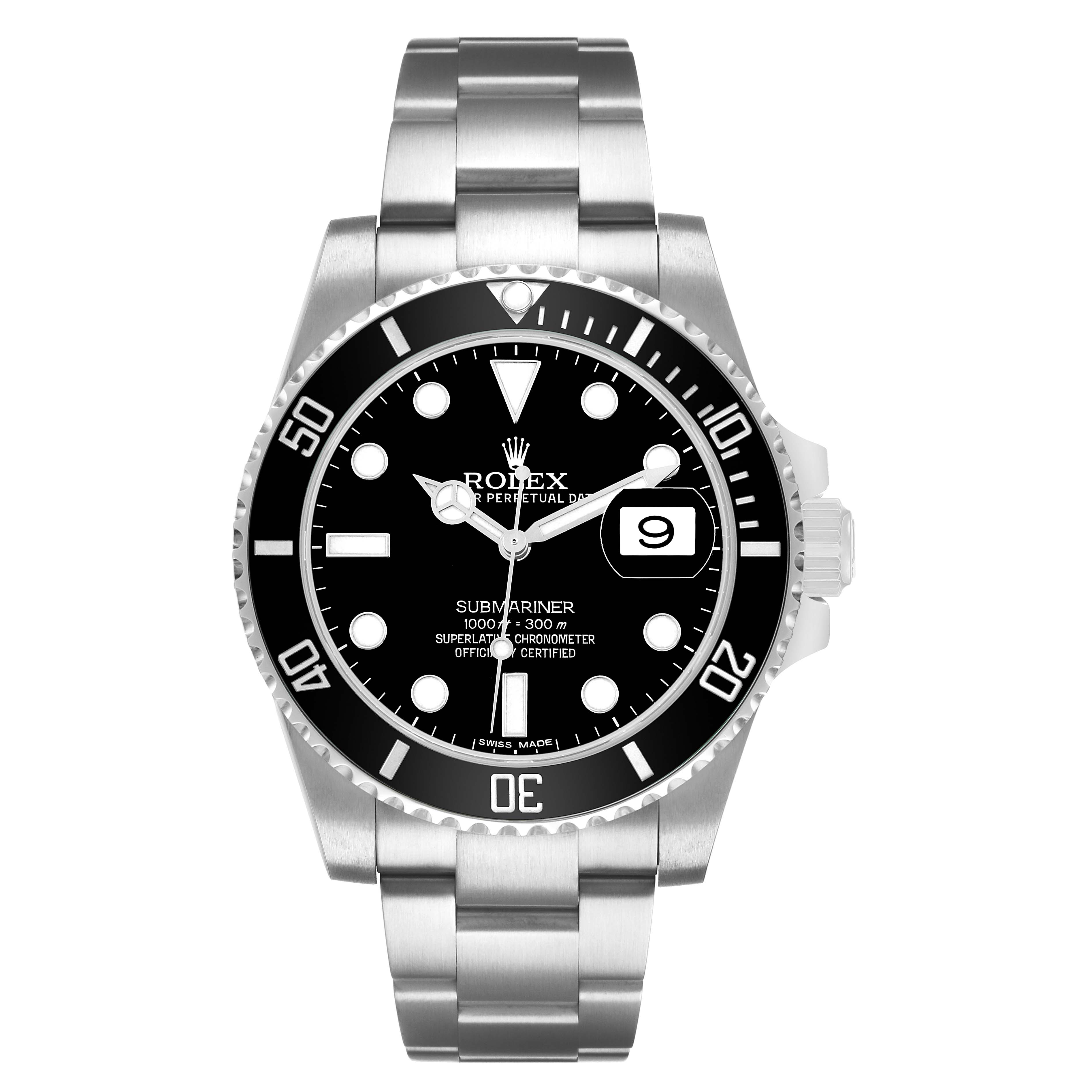 The Rolex Submariner 116610 Men's Stainless Steel Black Dial is shown from the front, highlighting the dial, bezel, bracelet, and date window.