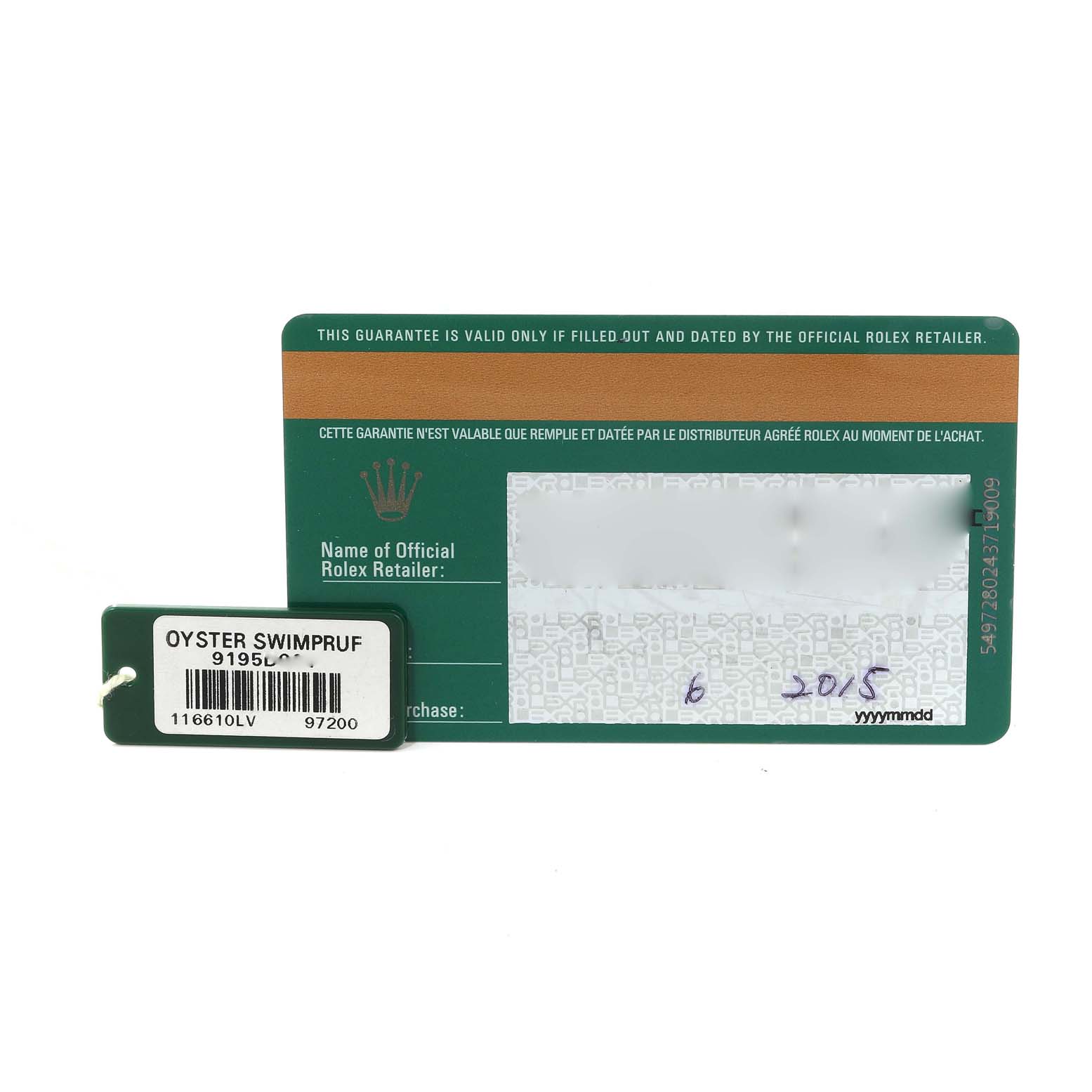 The image shows the warranty card and hang tag for the Rolex Submariner 116610LV Men
s Stainless Steel Green Dial 116610LV Men
s Stainless Steel Green Dial watch model.