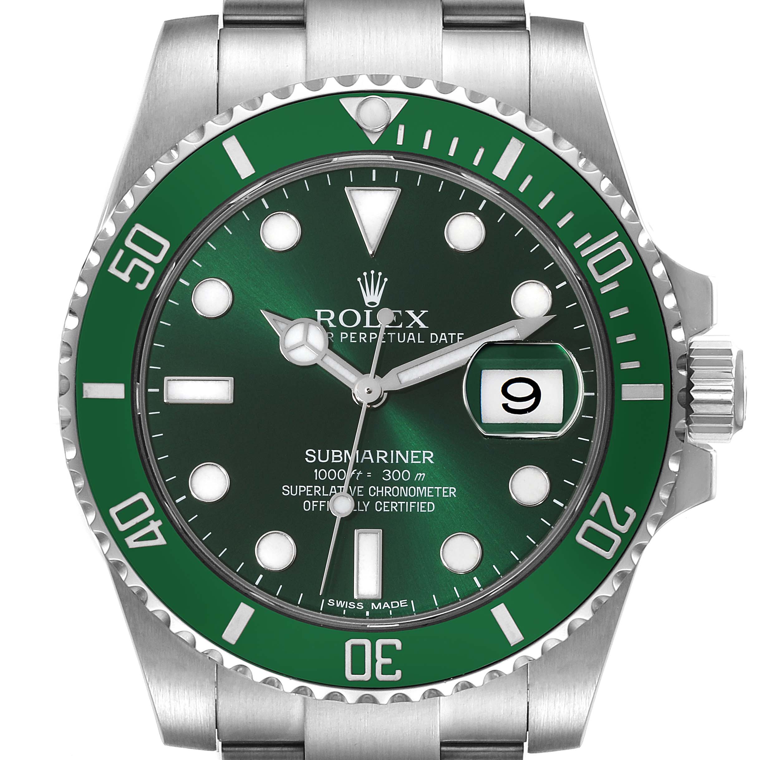 The image shows a front view of the Rolex Submariner 116610LV Men
s Stainless Steel Green Dial 116610LV Men
s Stainless Steel Green Dial watch, featuring its green bezel, dial, and date window.