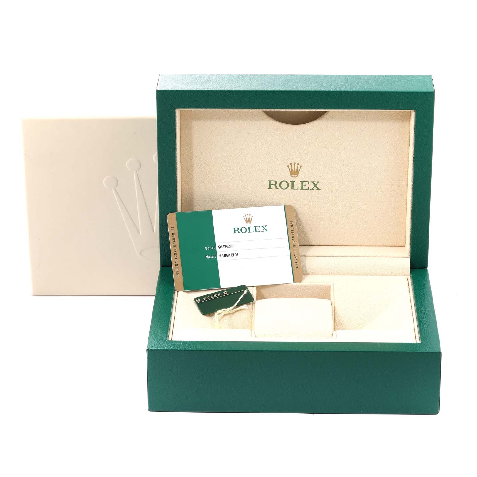 The image shows the packaging, tags, and Best Quality
ity card for the Rolex Submariner 116610LV Men
s Stainless Steel Green Dial 116610LV Men
s Stainless Steel Green Dial model.