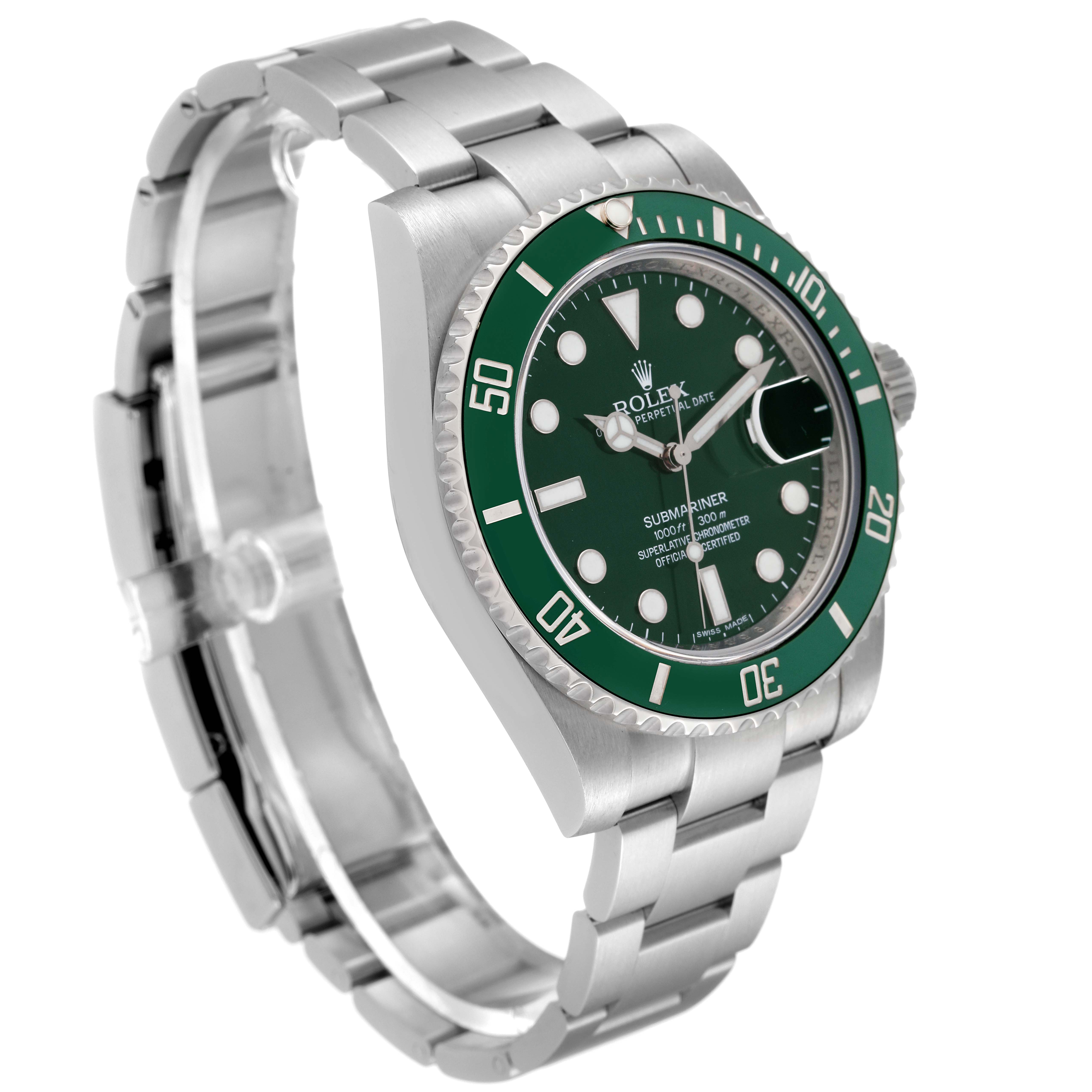 The Rolex Submariner 116610LV Men
s Stainless Steel Green Dial 116610LV Men
s Stainless Steel Green Dial watch is shown at a three-quarter angle, displaying the dial, bezel, and bracelet.