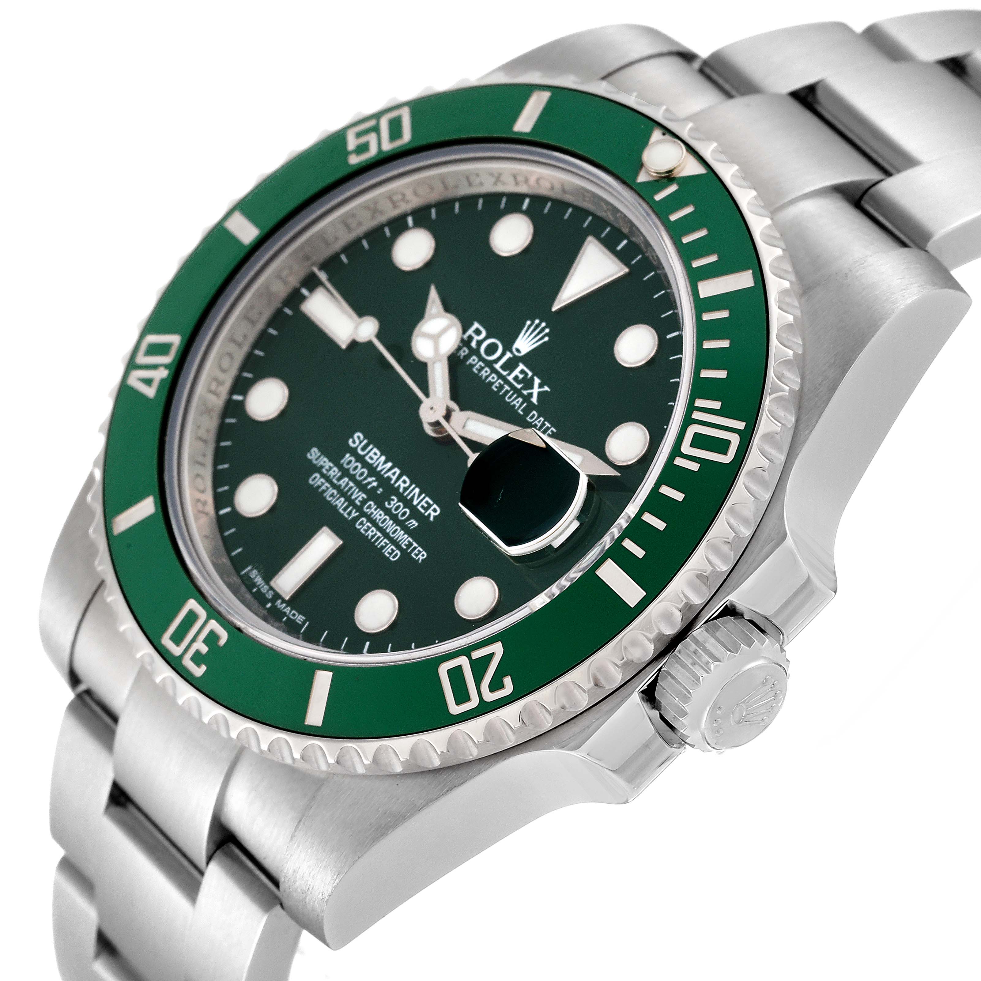 This image shows a close-up angle of the Rolex Submariner 116610LV Men
s Stainless Steel Green Dial 116610LV Men
s Stainless Steel Green Dial watch, highlighting the green bezel, dial, and stainless steel bracelet.
