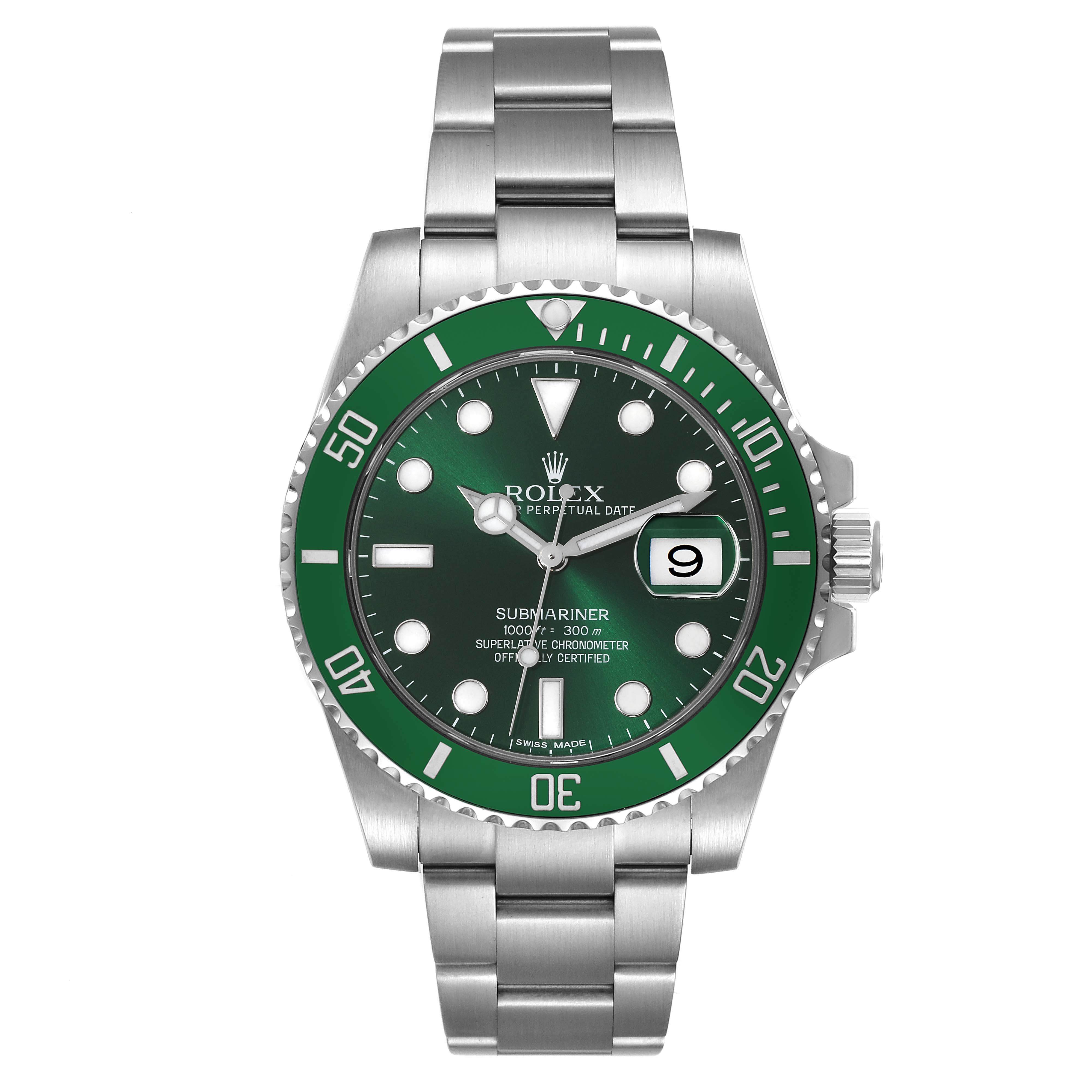The image shows a frontal view of a Rolex Submariner 116610LV Men
s Stainless Steel Green Dial 116610LV Men
s Stainless Steel Green Dial watch with a green bezel and dial, including the bracelet, case, and crown.